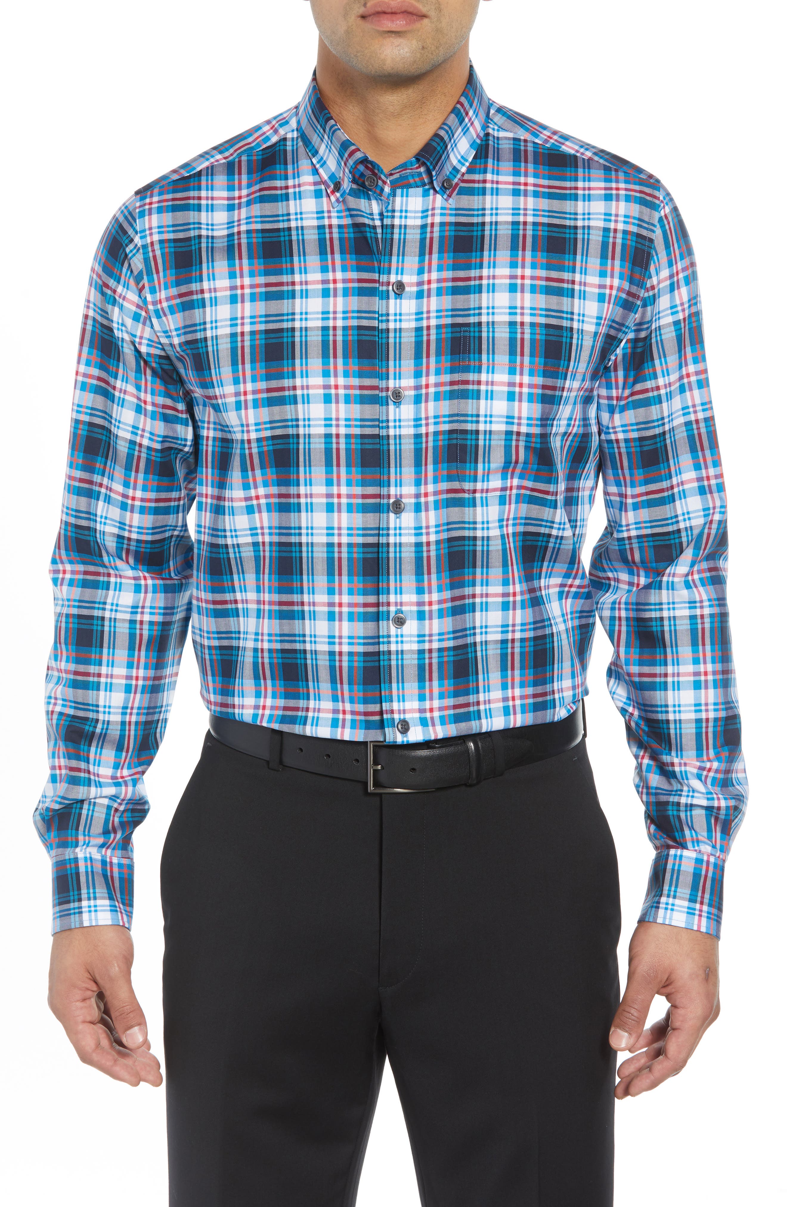 Cutter & Buck Brad Regular Fit Non-Iron Plaid Sport Shirt, Blue