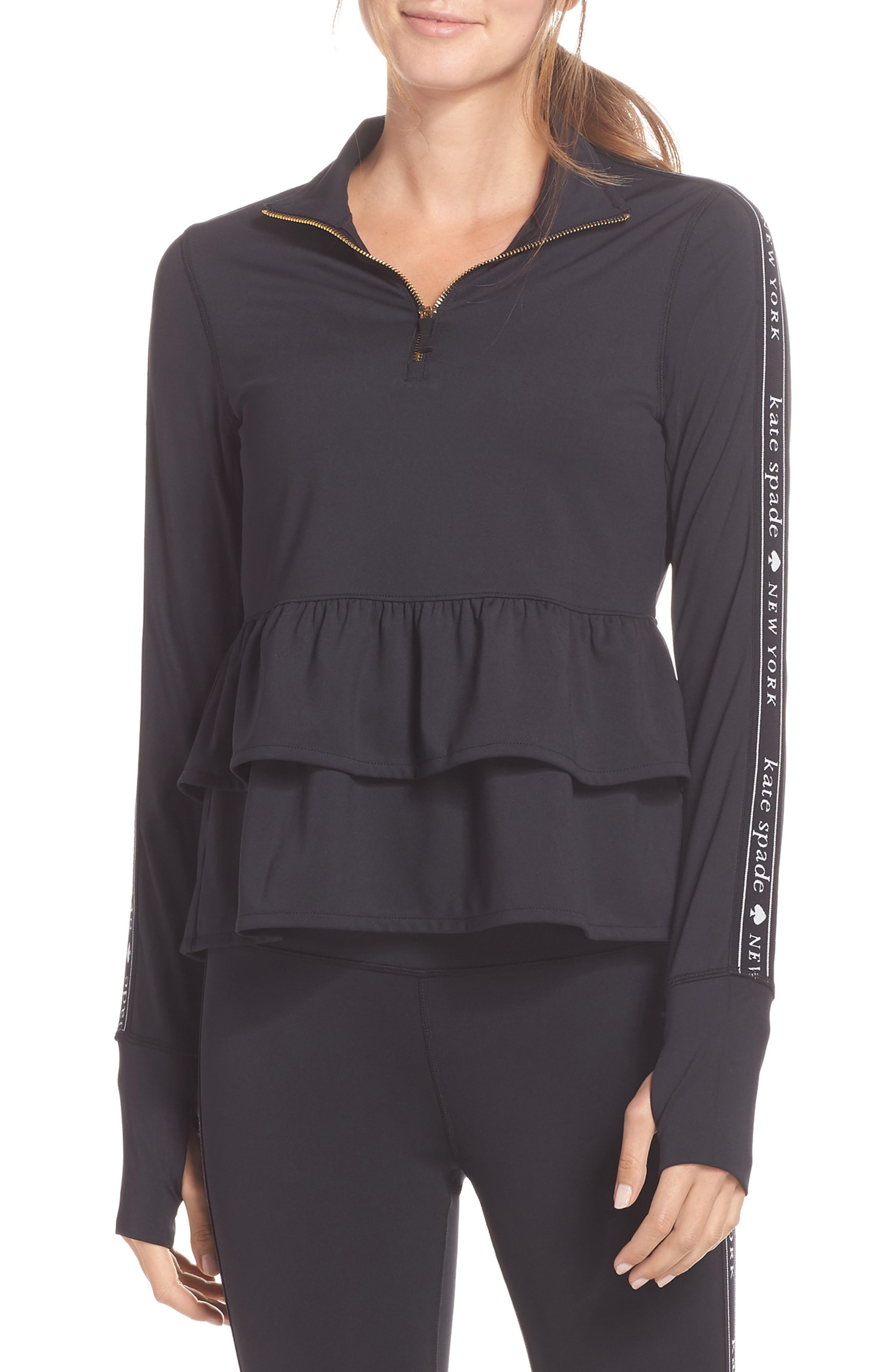 Kate Spade New York Logo Ruffle Half-Zip Pullover, Black