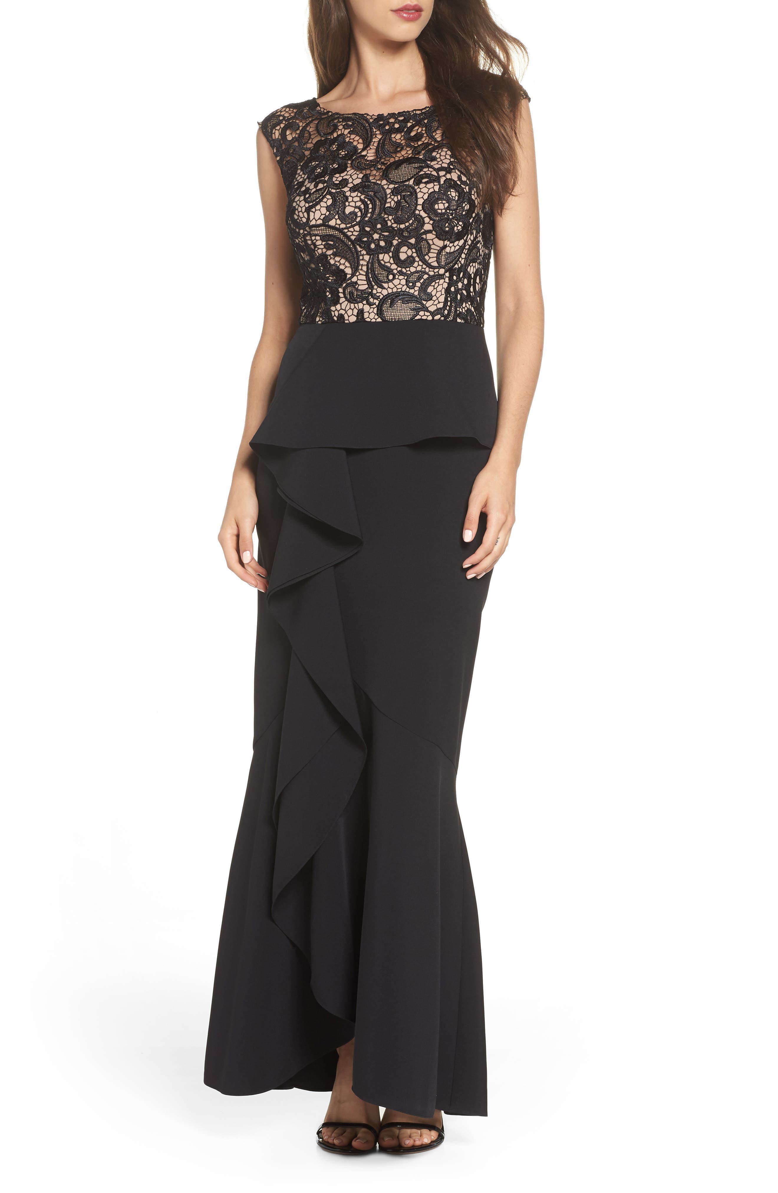 Alex Evenings Ruffle Front Trumpet Gown, Black