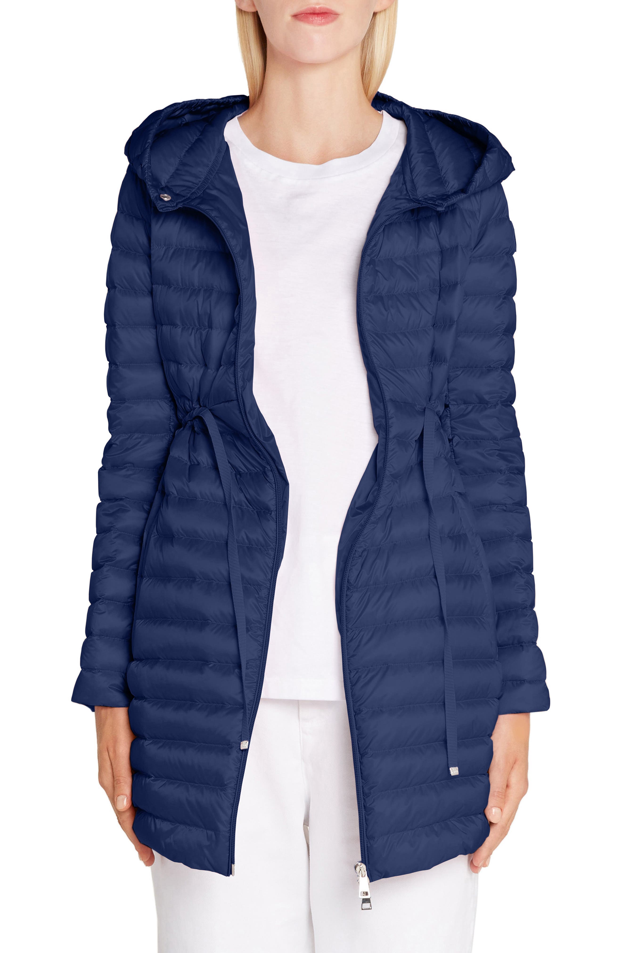 Moncler Barbel Tie Waist Hooded Down Coat, Blue