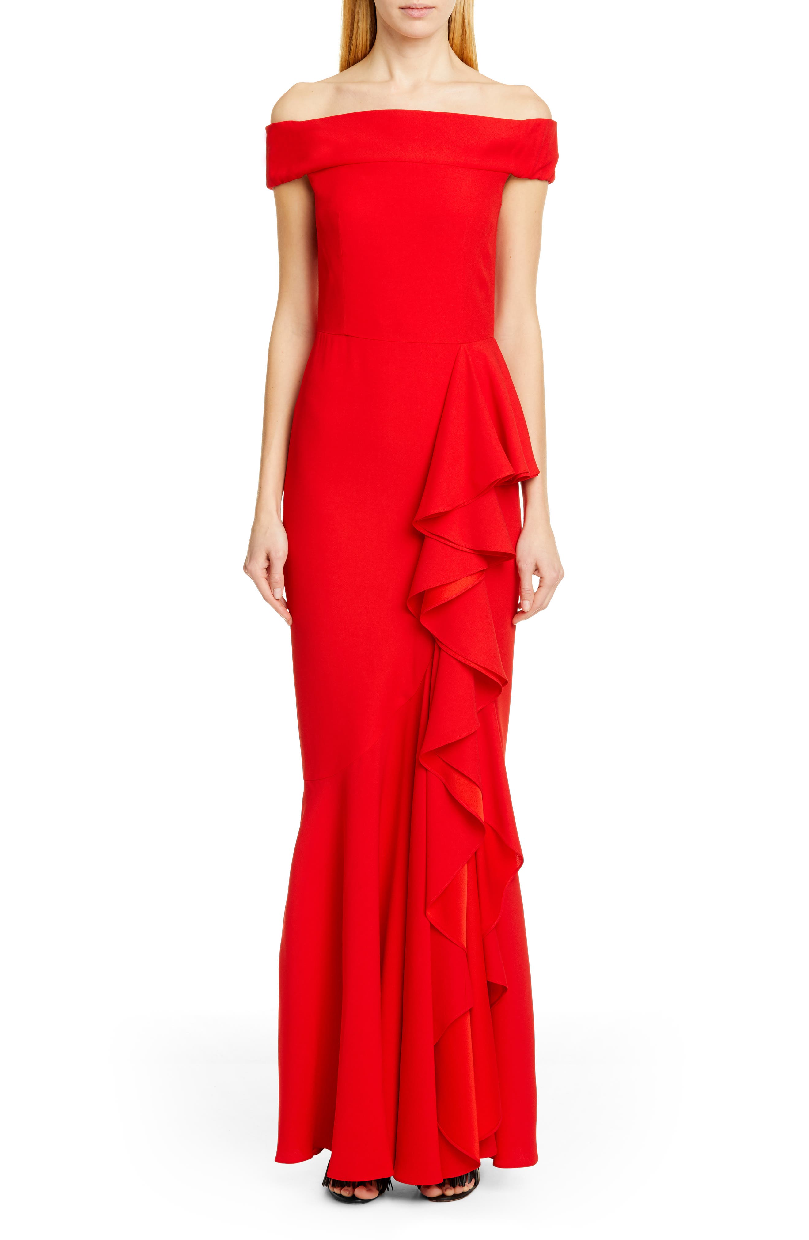 Alexander Mcqueen Ruffle Off The Shoulder Evening Dress, US / 42 IT - Red