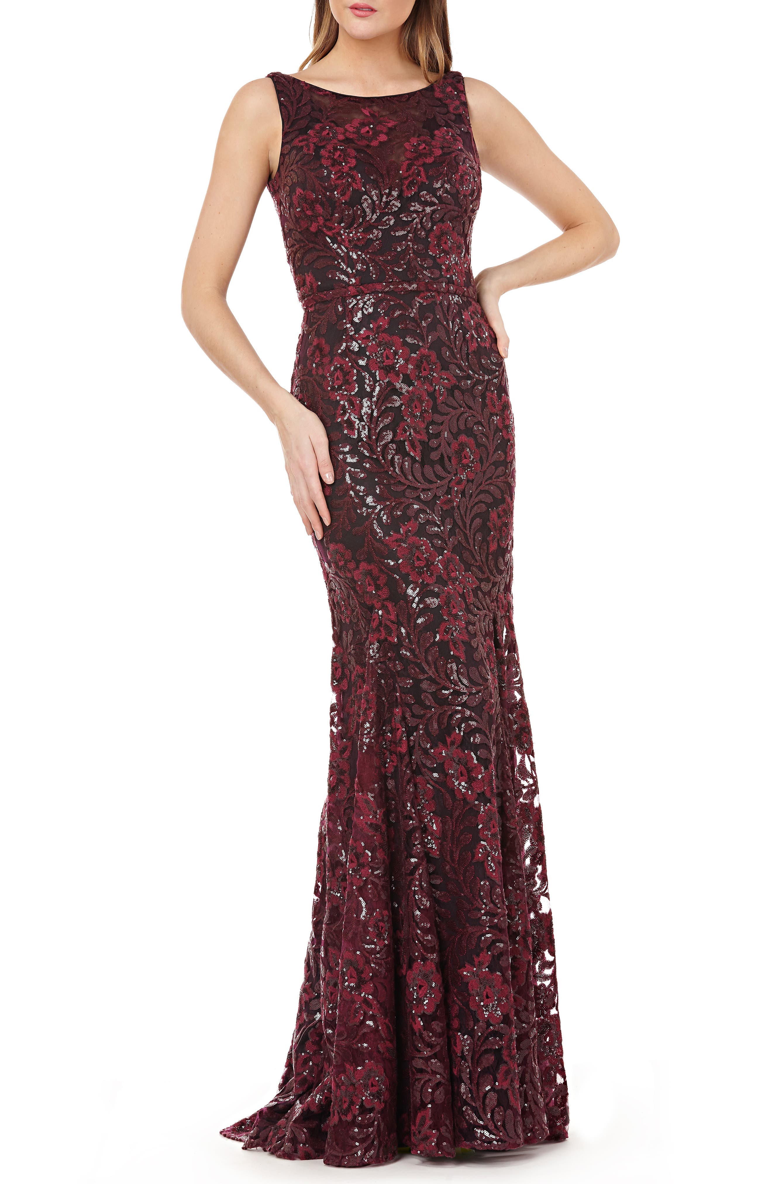 Carmen Marc Valvo Infusion Sequin Floral Gown, Burgundy