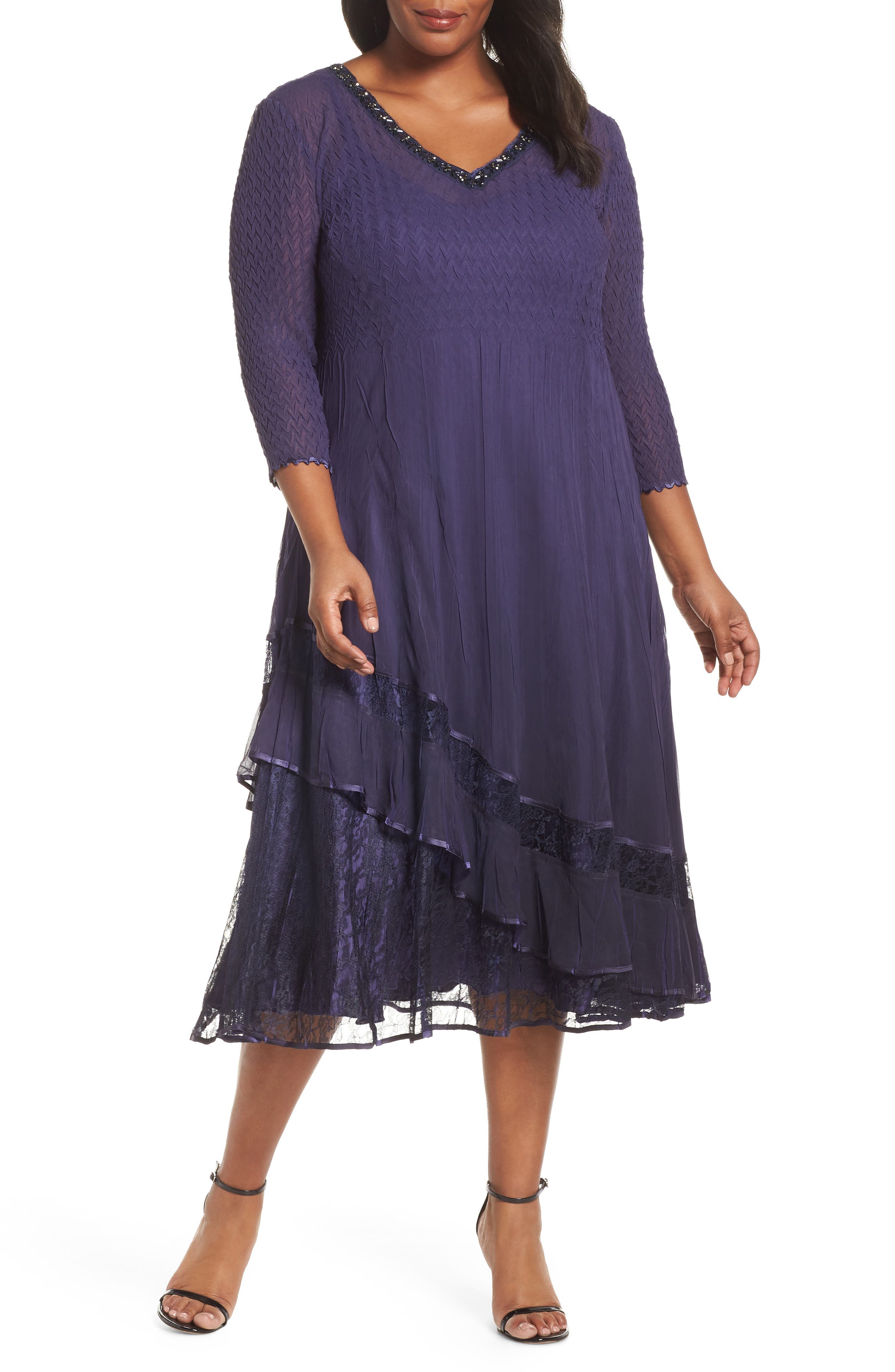 Plus Size Komarov Embellished Bead Trim Tiered Chiffon Dress, Purple