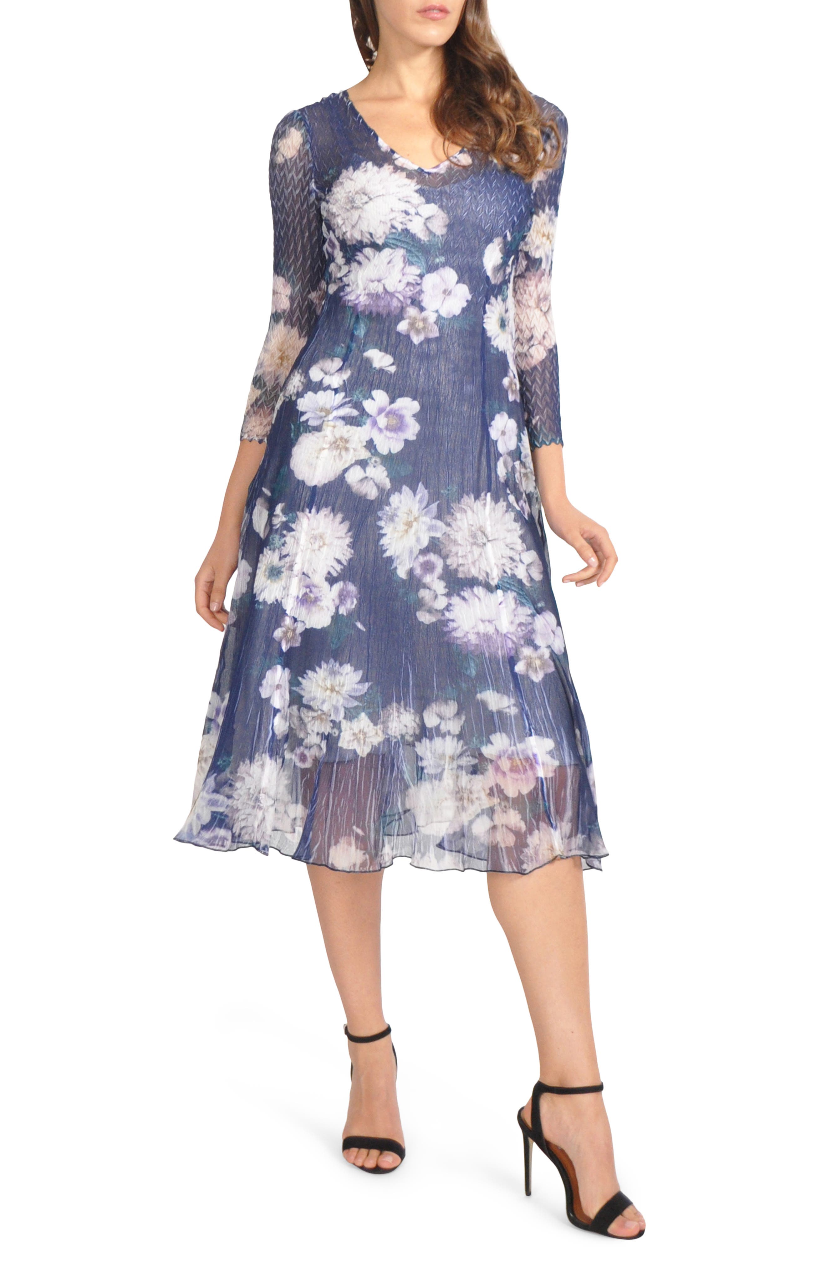 Petite Komarov Chiffon & Charmeuse A-Line Dress, Blue