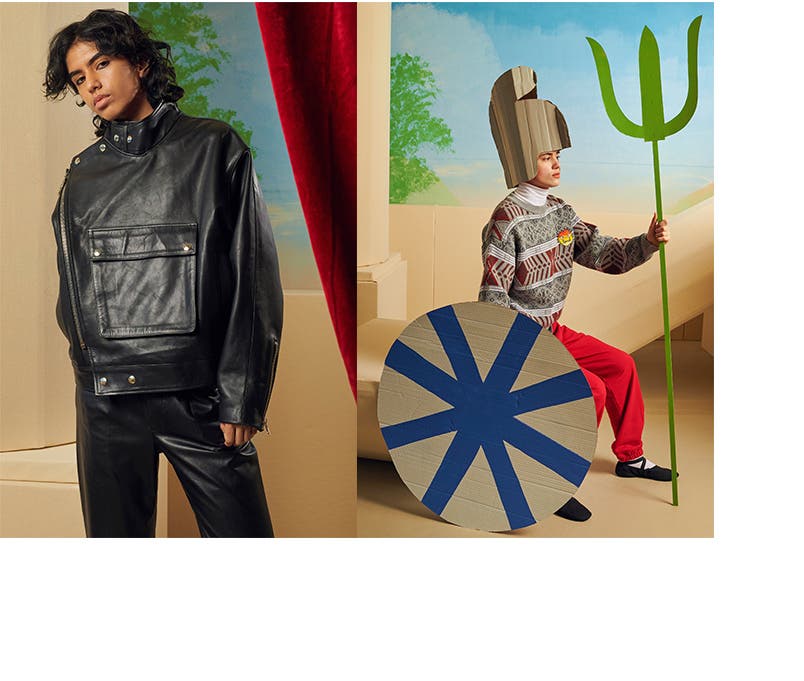 A model wearing a black leather jacket and pants, and a model wearing a turtleneck, sweater and baggy pants.