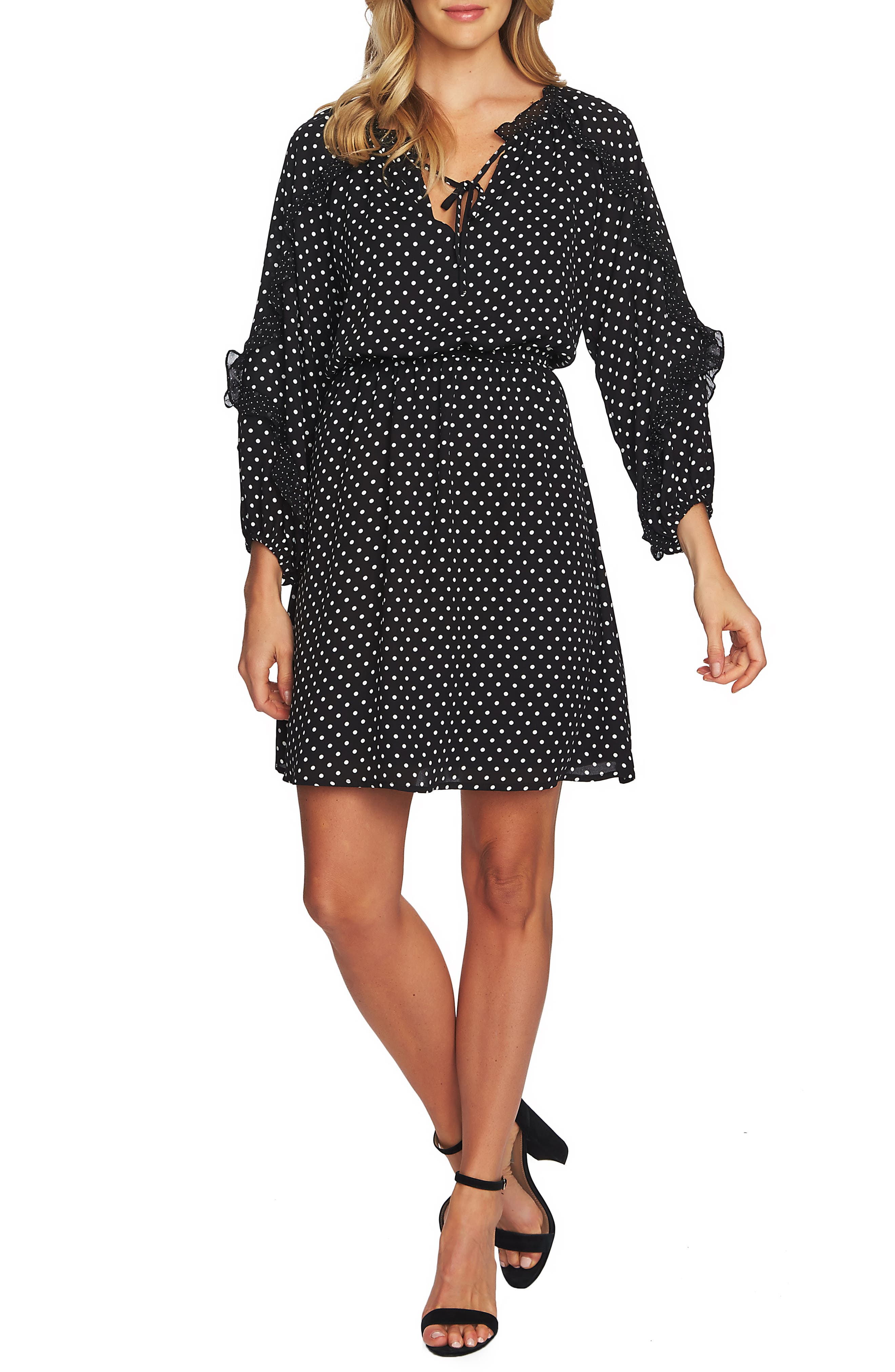 Cece Mix Dot Ruffle Dress, Black