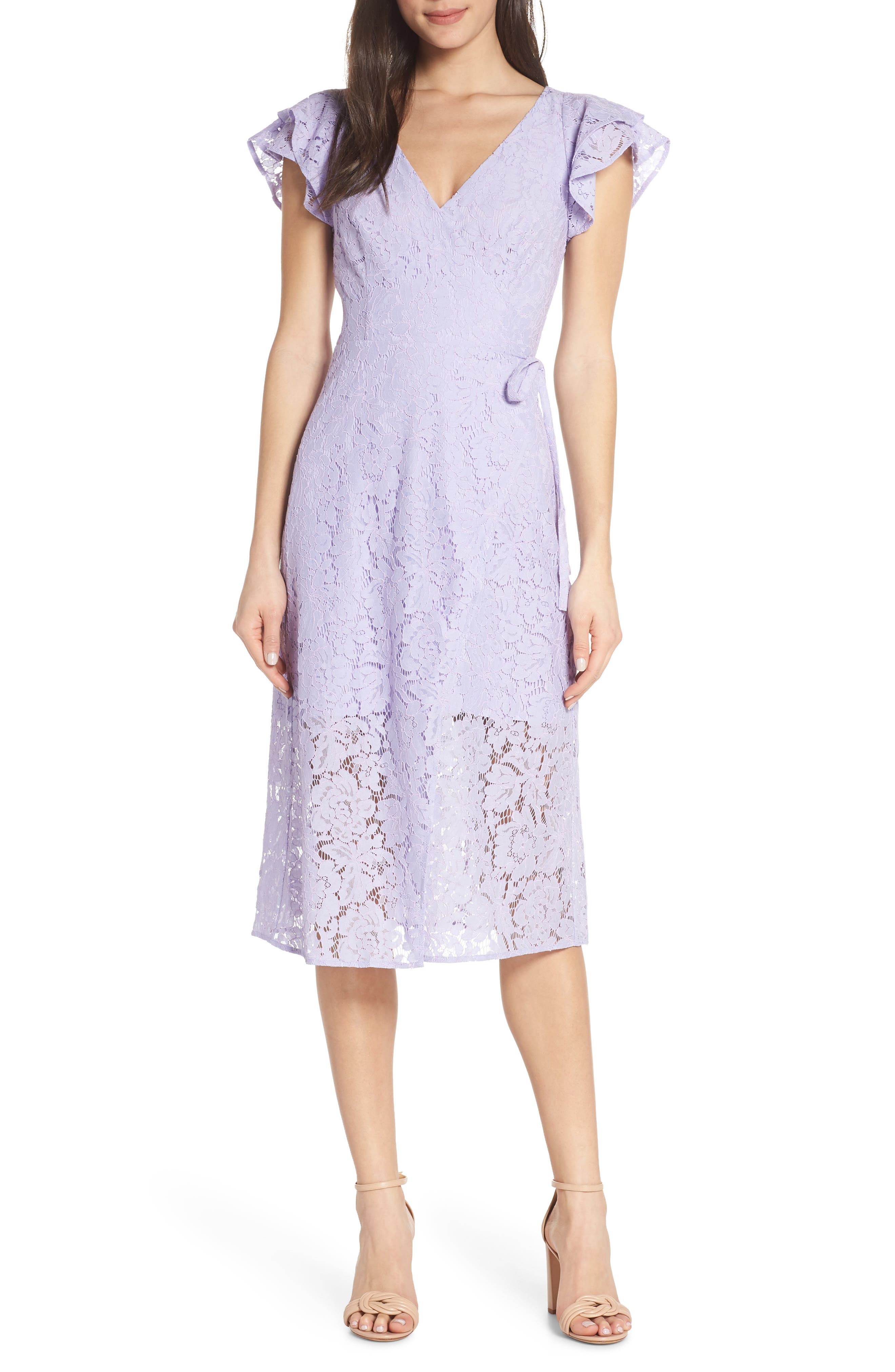 Ali & Jay Ruffle Sleeve Wrap Lace Midi Dress