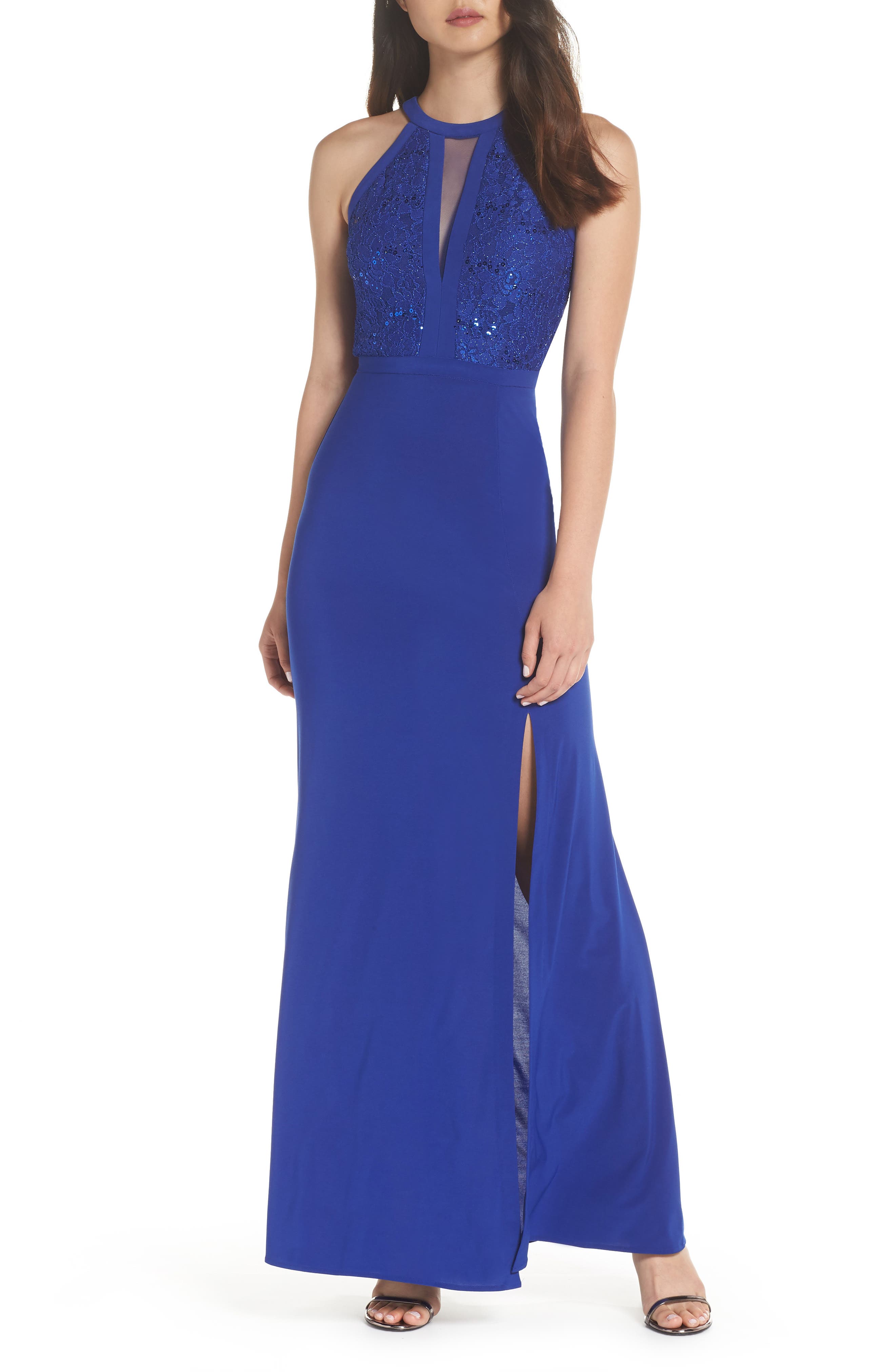 Morgan & Co. Lace & Jersey Gown, /6 - Blue
