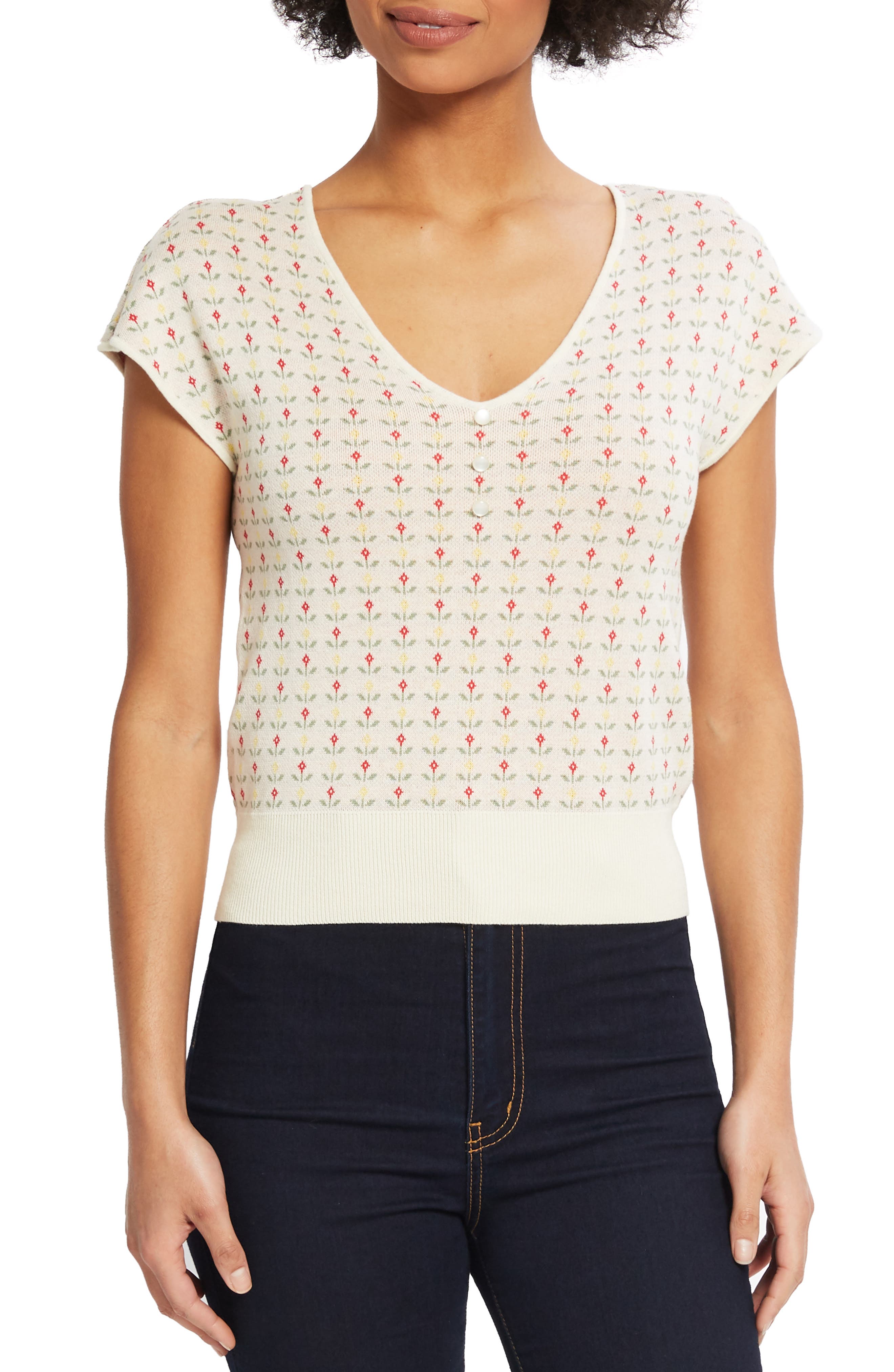 Plus Size Modcloth Floral Short Sleeve Sweater, Ivory