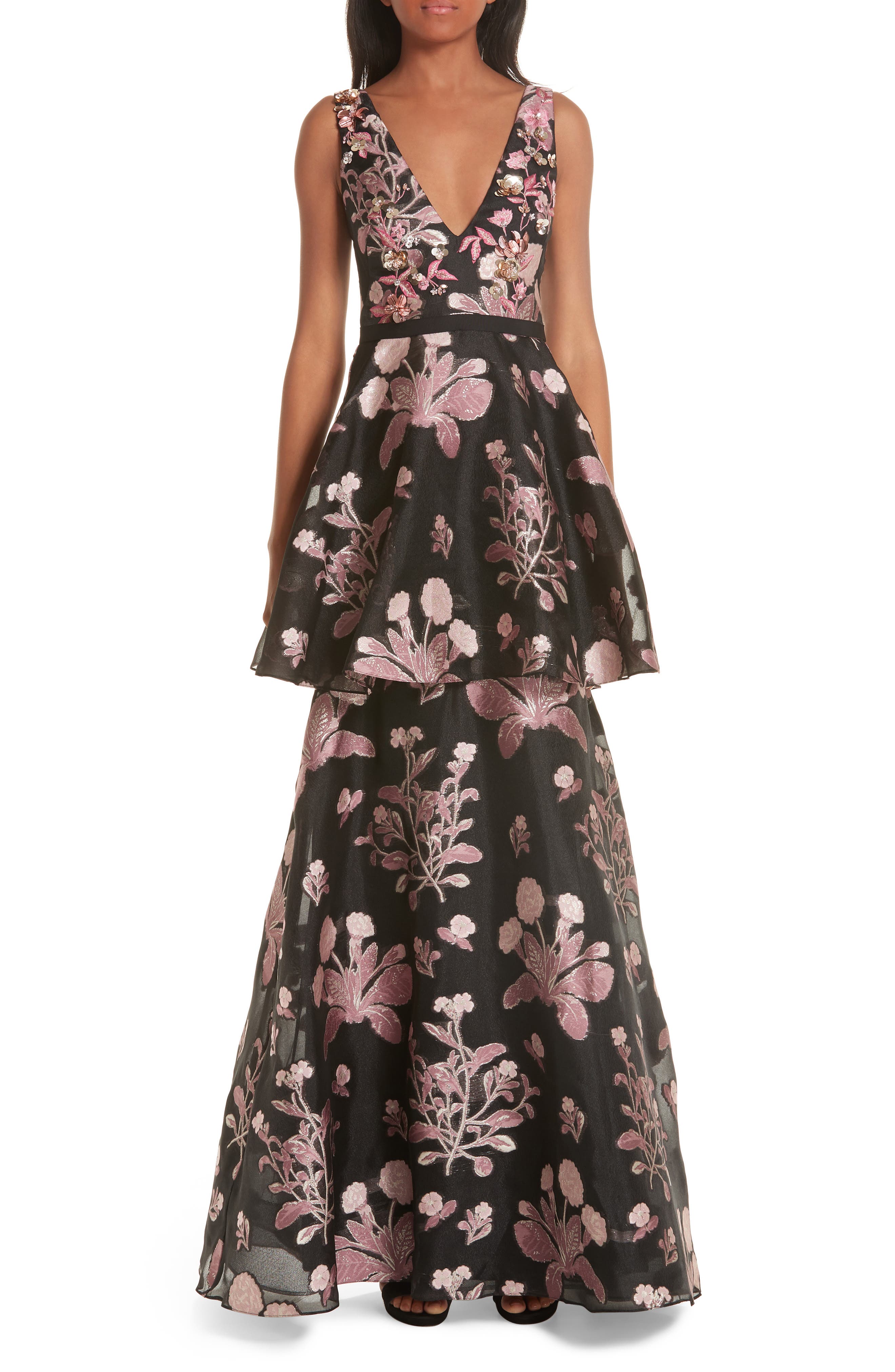 Marchesa Notte Embellished Jacquard Evening Dress, Black
