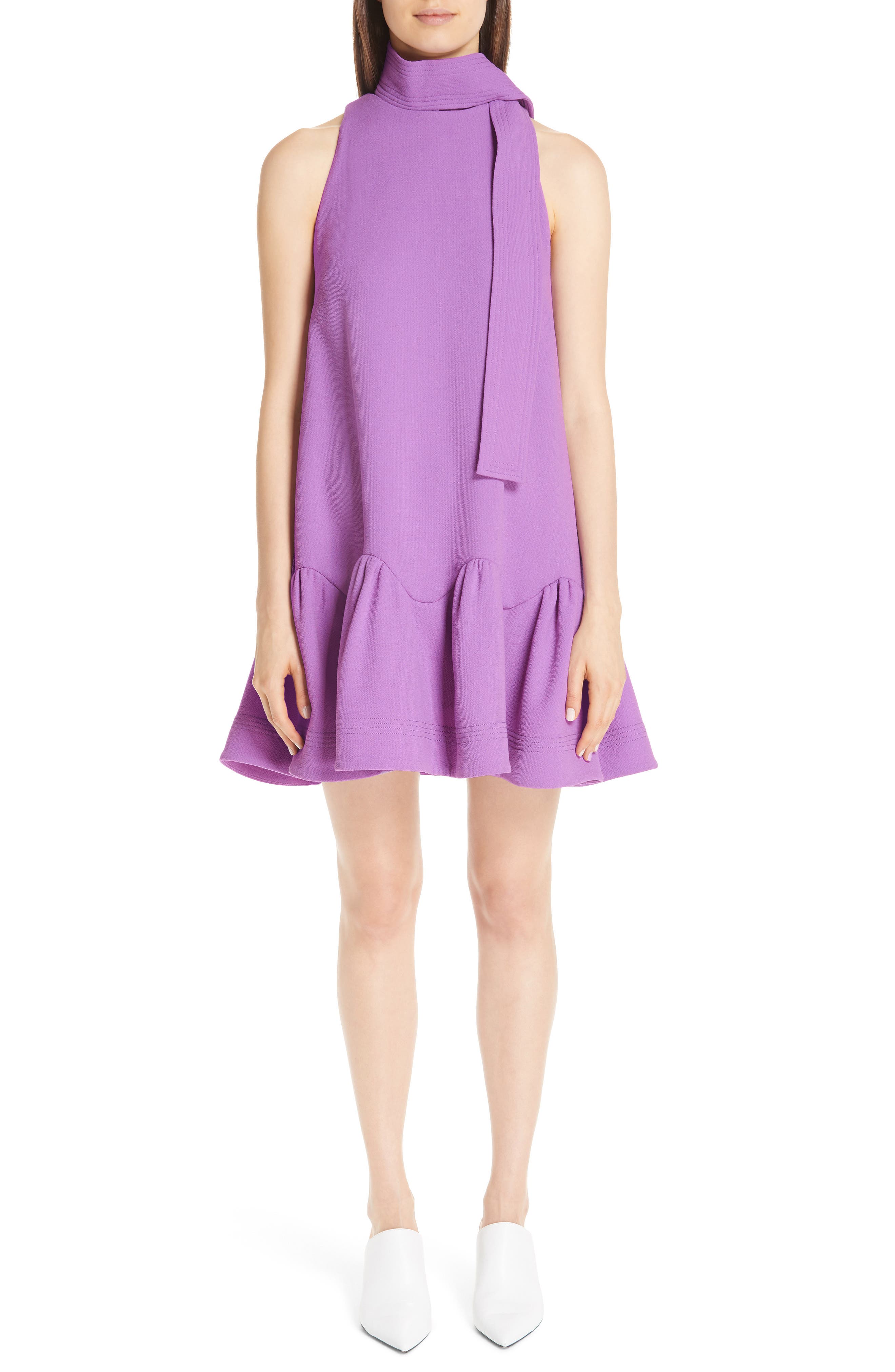 Lela Rose Scarf Neck Wool Blend Crepe Drop Waist Dress, Purple