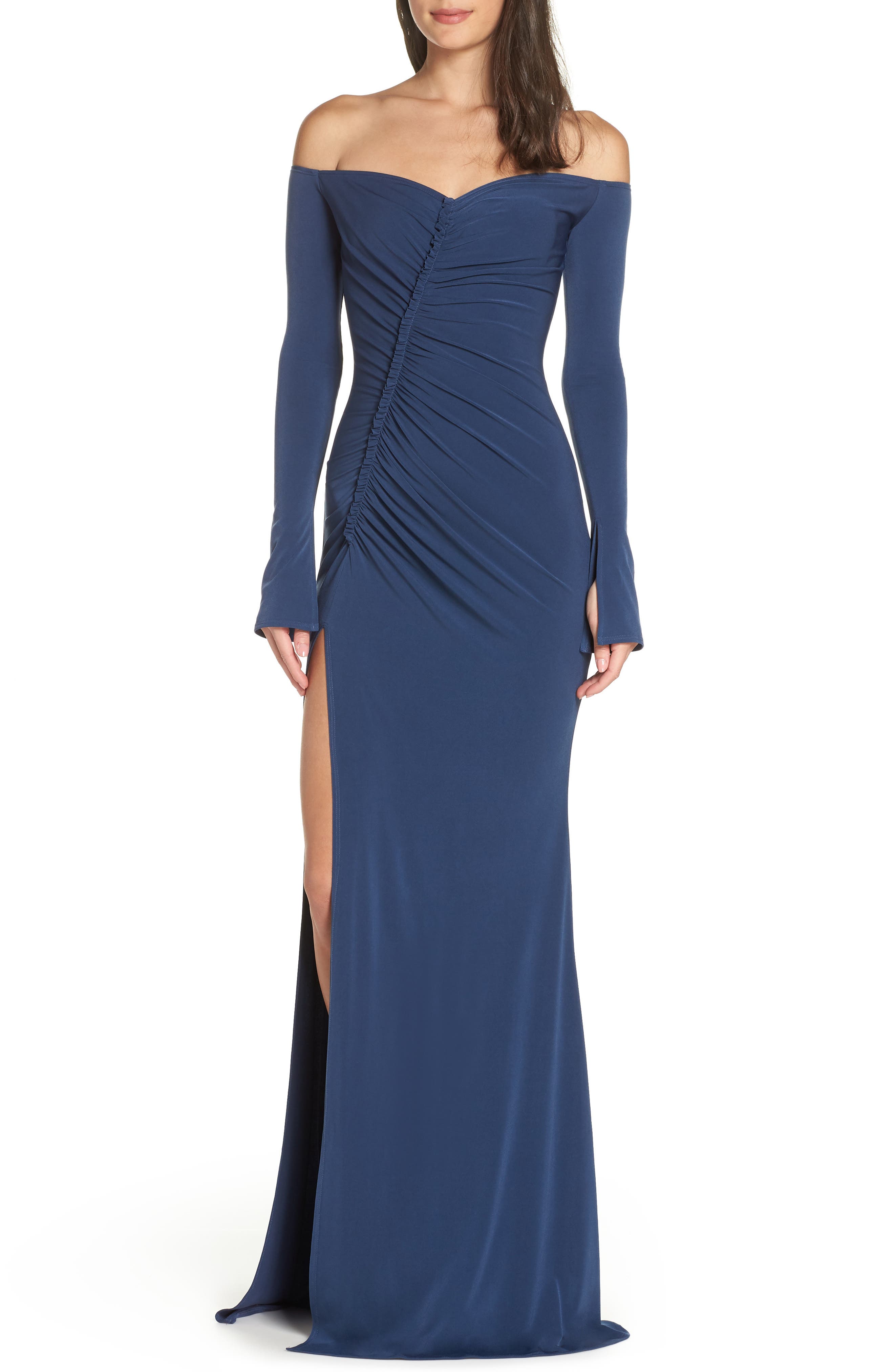Katie May Off The Shoulder High Slit Gown, Blue