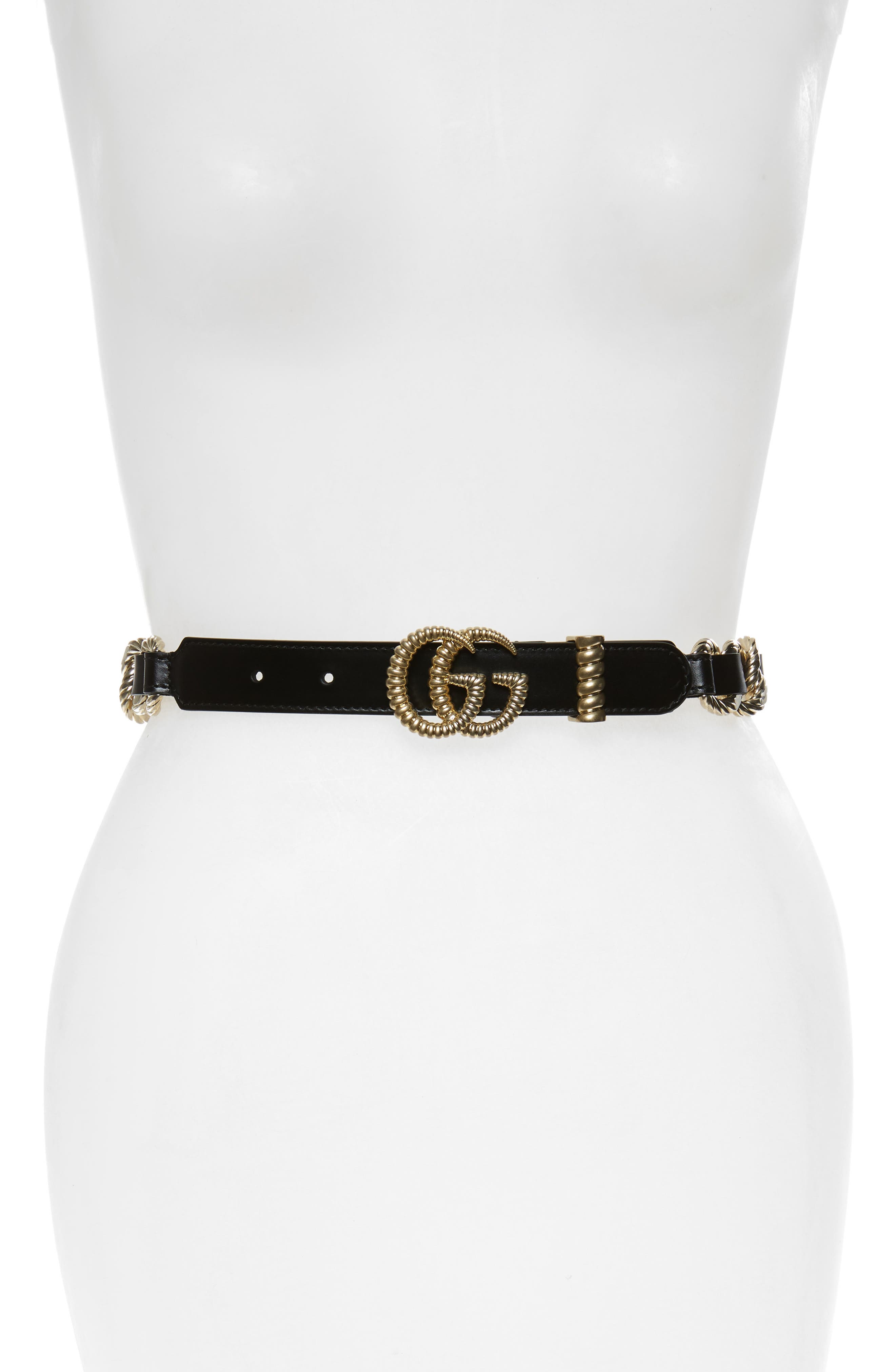 Gucci Textured Gg Chain & Leather Skinny Belt, Nero