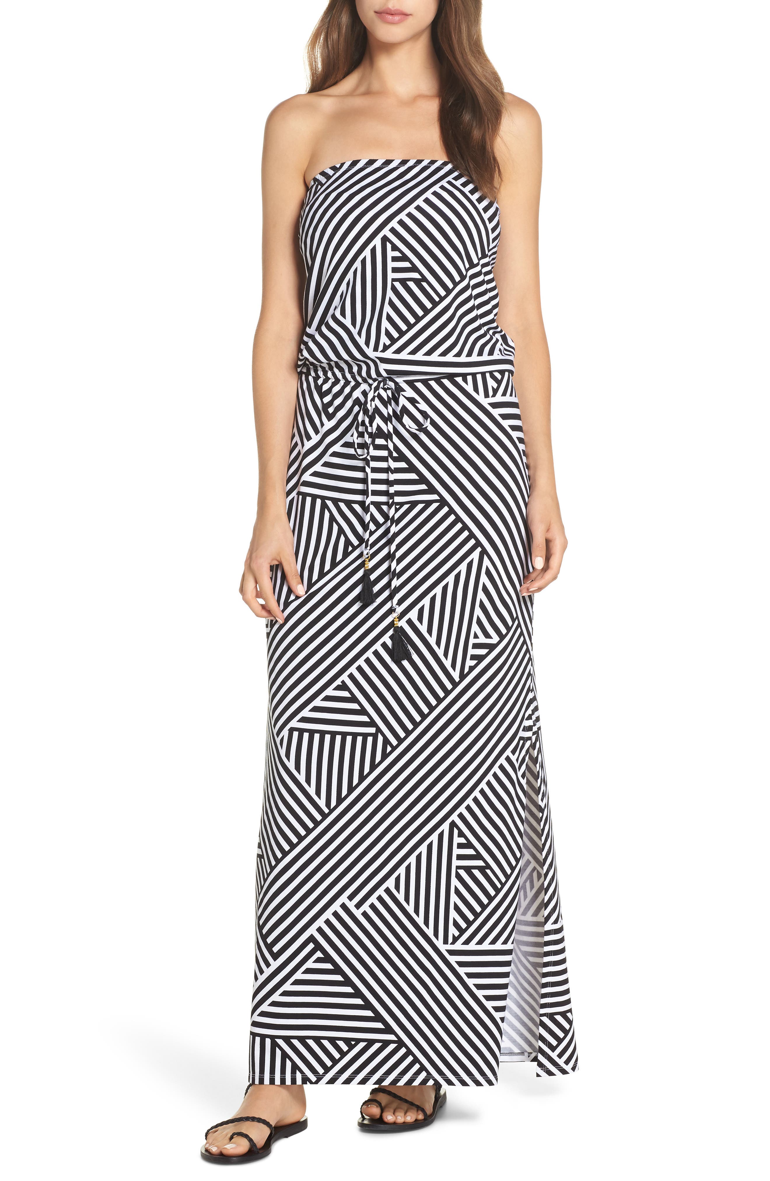 Tommy Bahama Fractured Stripe Bandeau Cover-Up Maxi Dress, Black