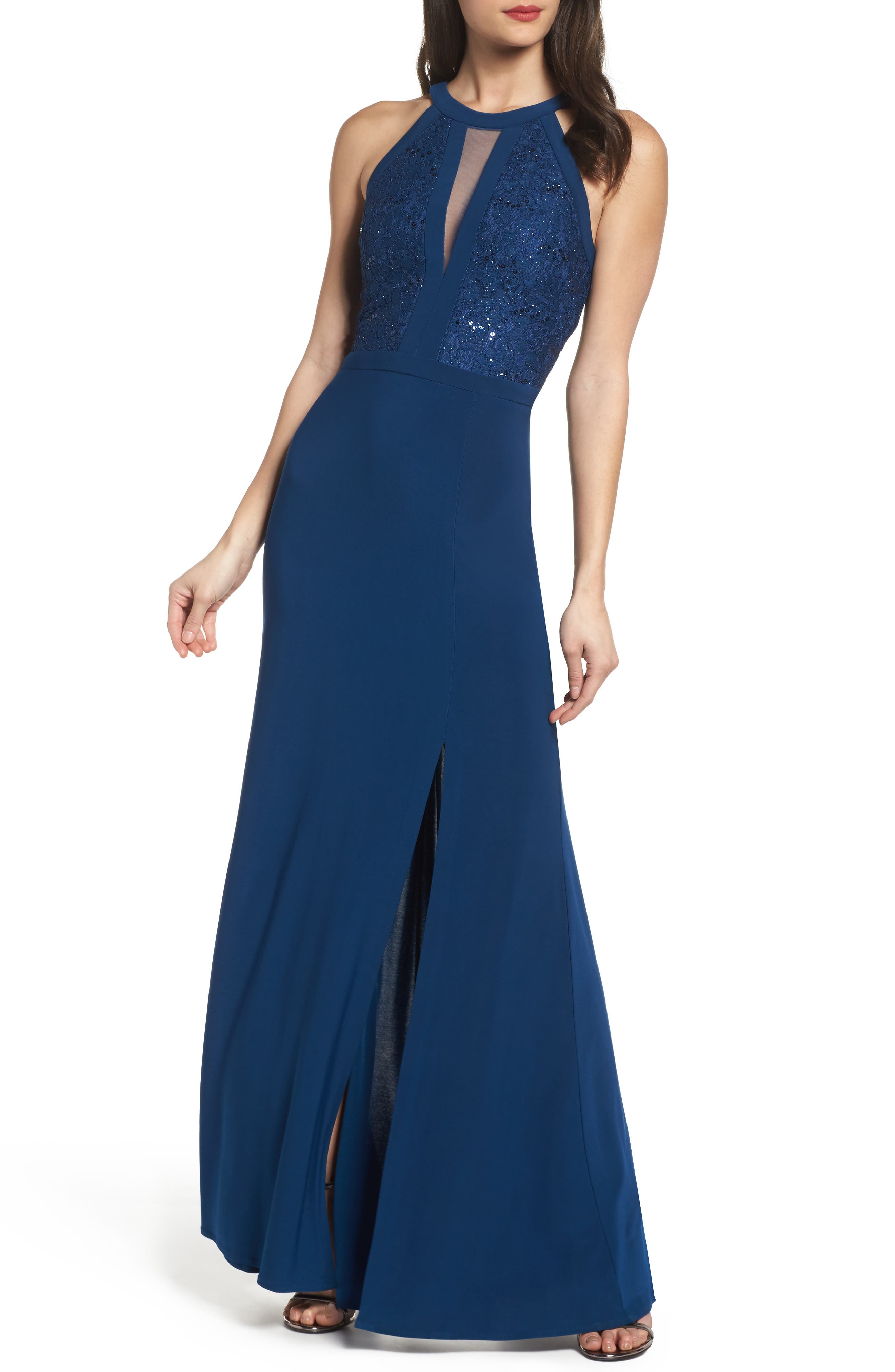 Morgan & Co. Lace & Jersey Gown, /4 - Blue