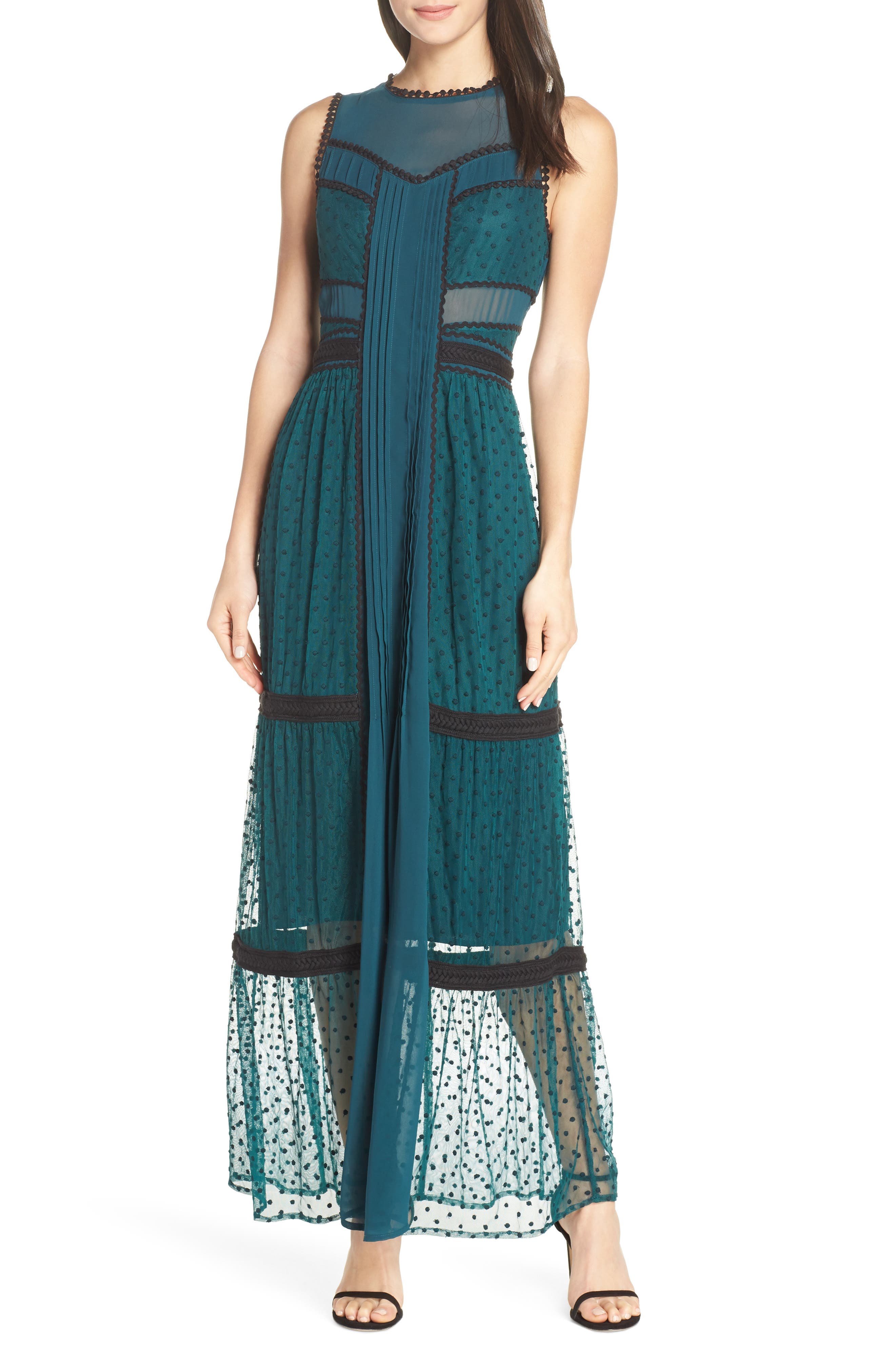 Harlyn Embroidered Dot Evening Dress, Blue/green