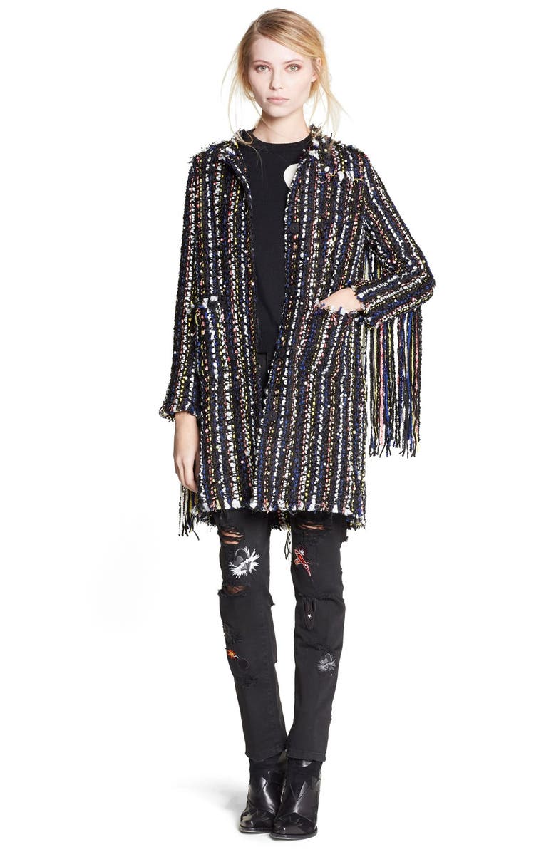 MSGM Embroidered Heavy Tweed Coat with Fringe | Nordstrom