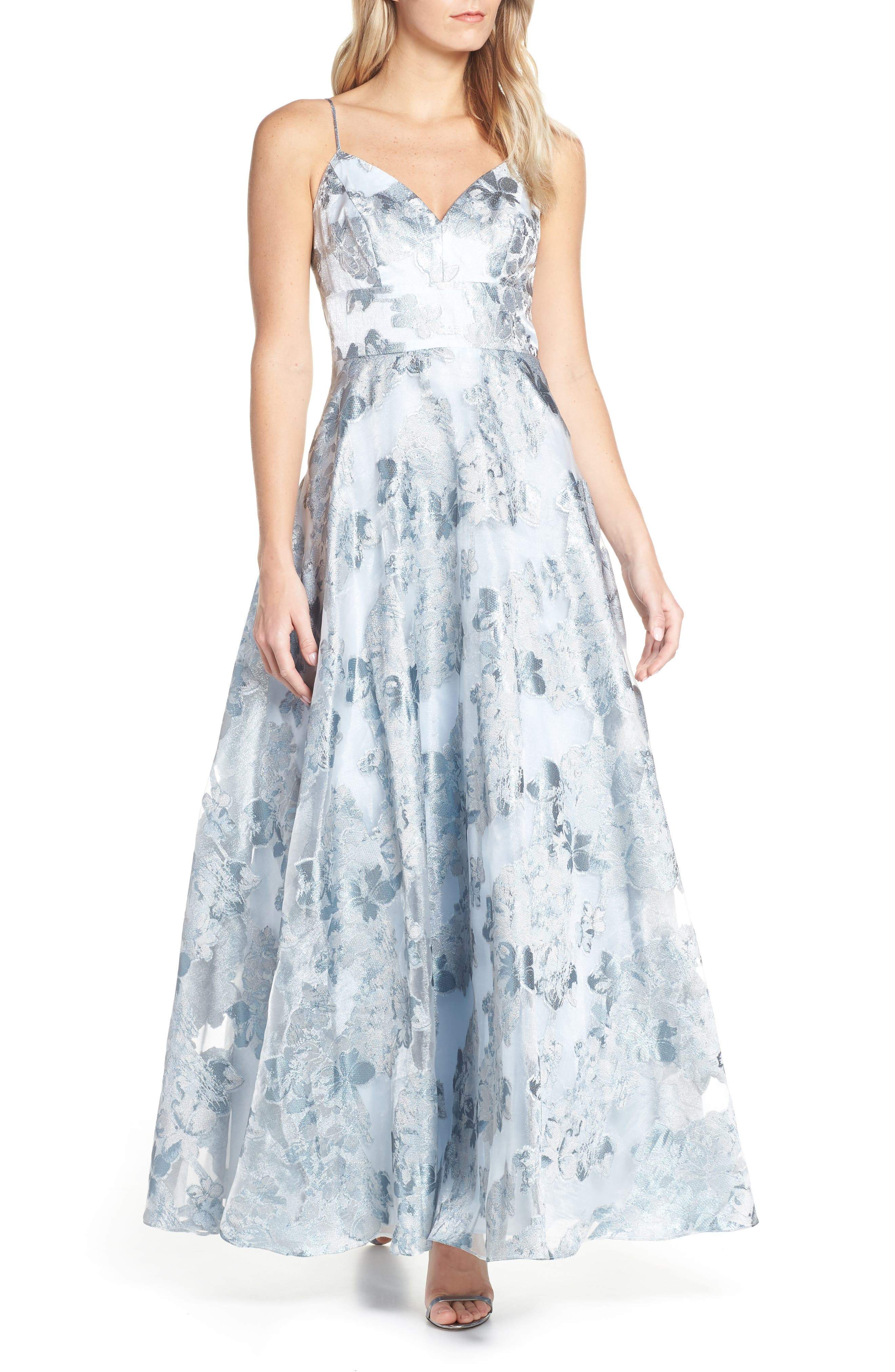 Eliza J Floral Jacquard Evening Dress, Blue