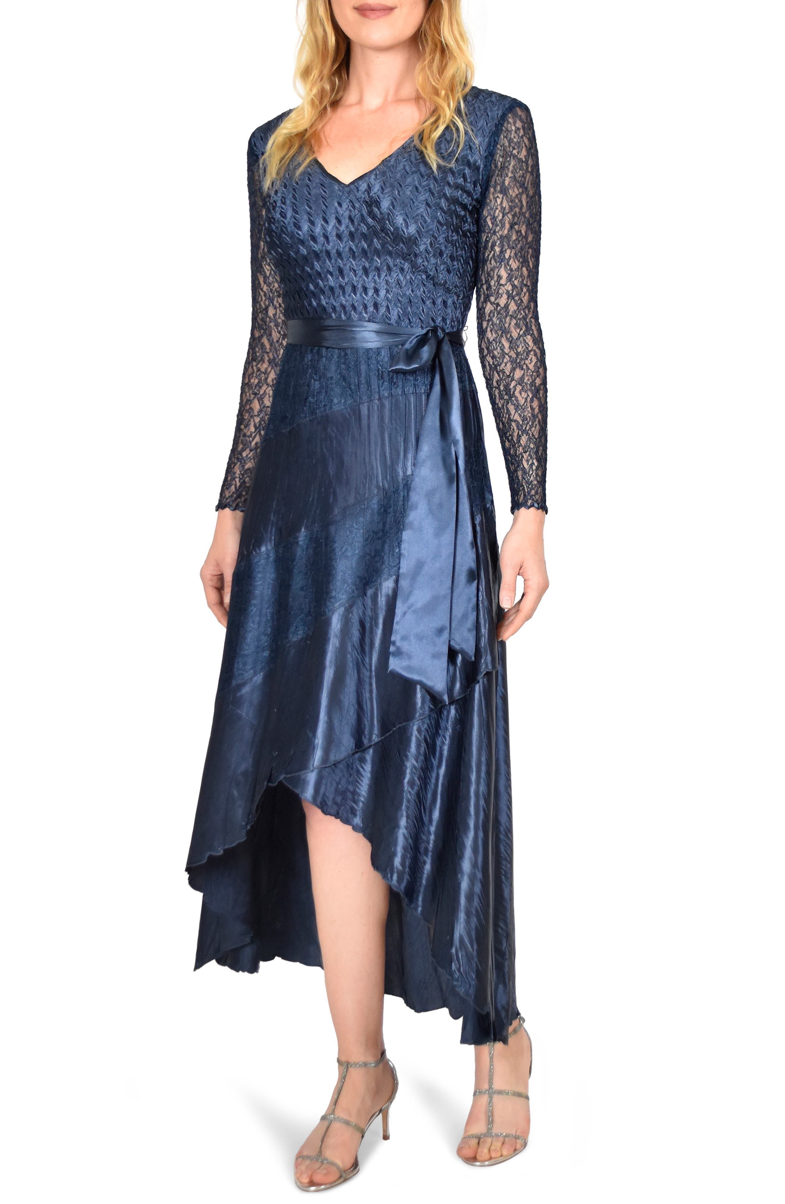 Komarov Charmeuse & Chiffon High/low Hem Dress, Blue