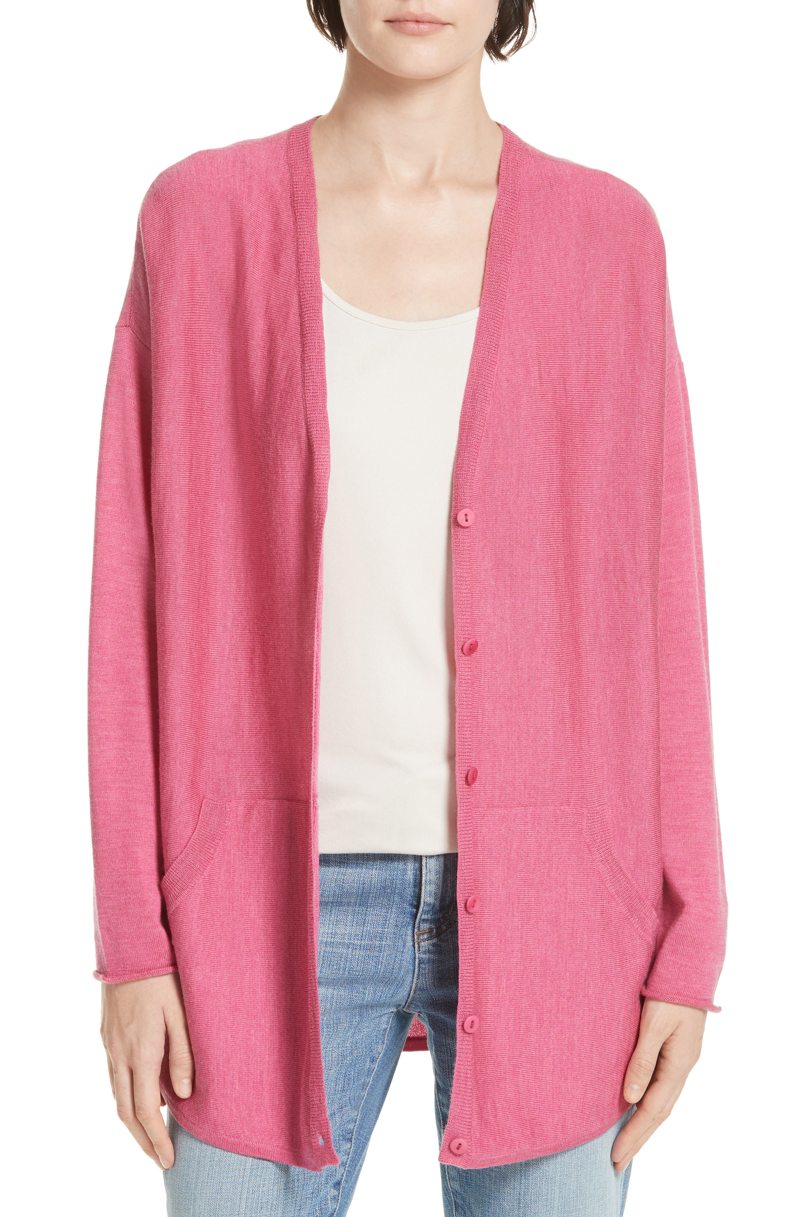 Eileen Fisher Merino Jersey V-Neck Cardigan, Pink