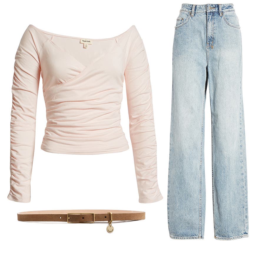 An outfit collage consisting of a ruched top, wide-leg jeans and a thin belt.