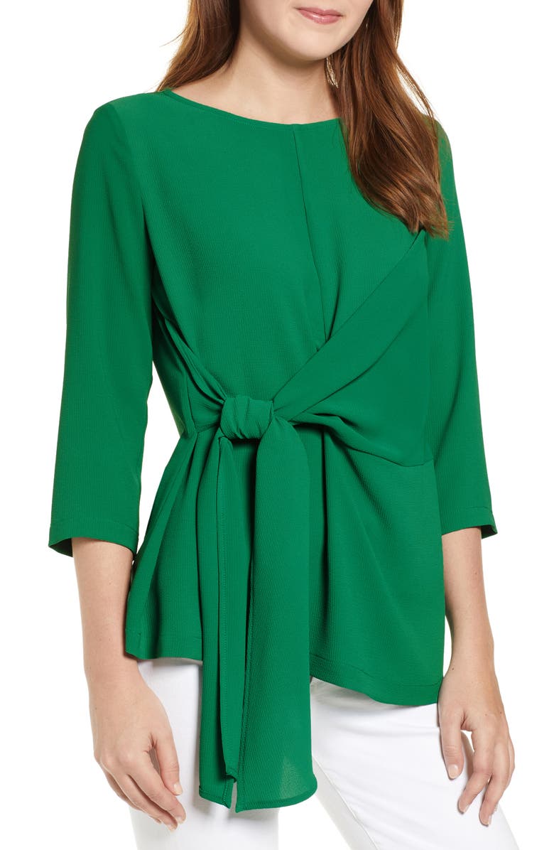 GIBSON x International Women's Day Hoang-Kim Tie Front Crepe Top, Main, color, GREEN AMAZON