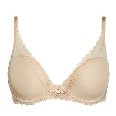 Nude plunge bra with lace detail.