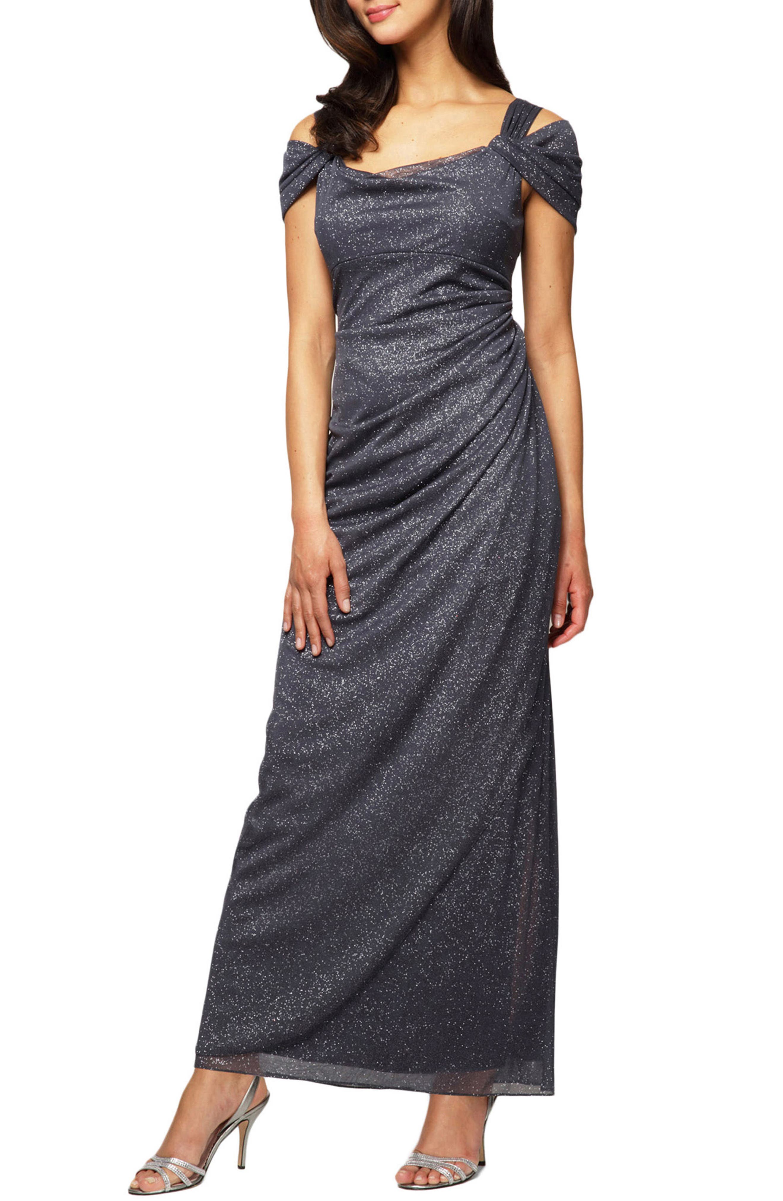 Petite Alex Evenings Cold Shoulder Chiffon Gown, Grey