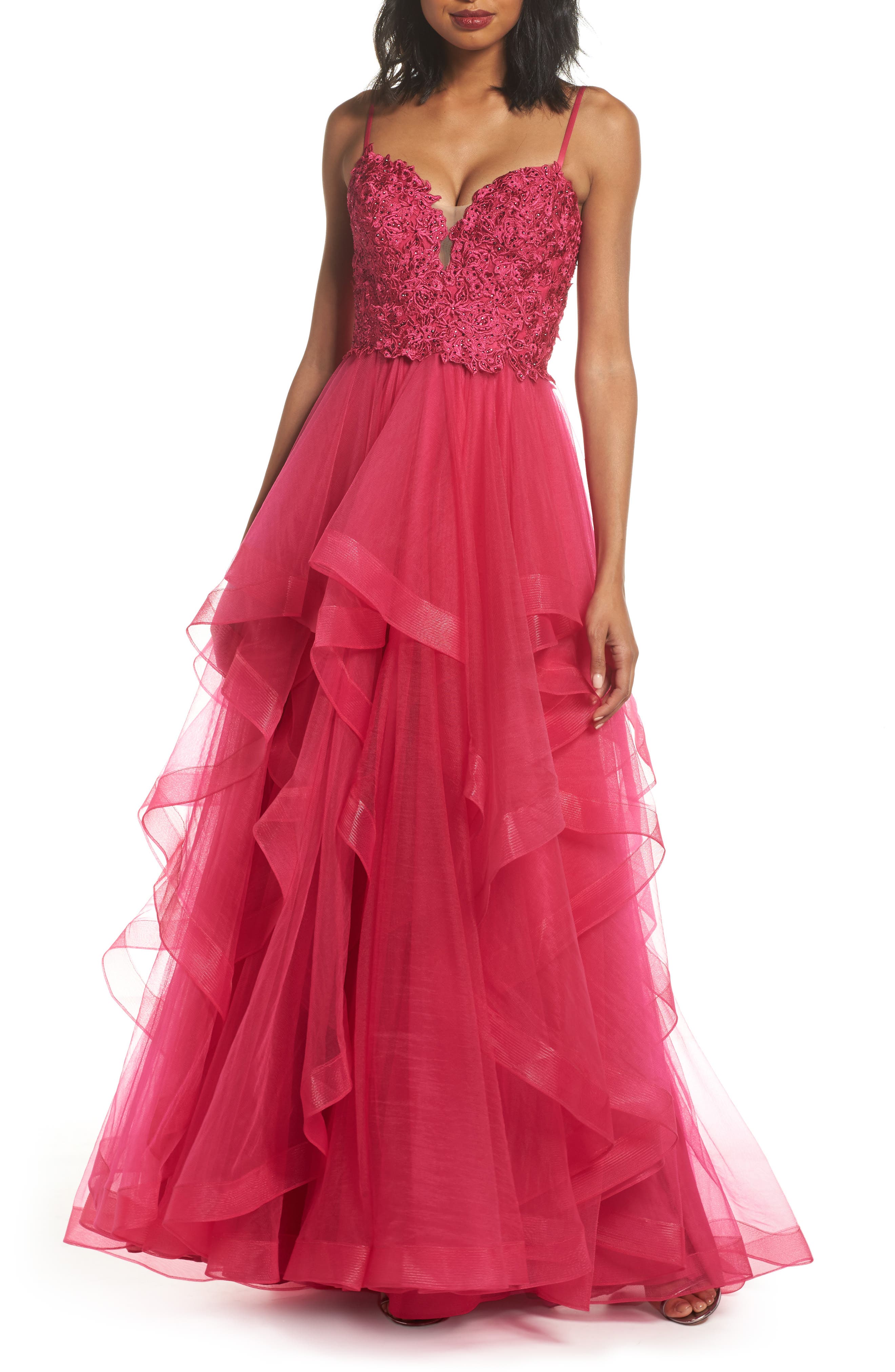La Femme Lace & Tiered Tulle Ballgown, Pink