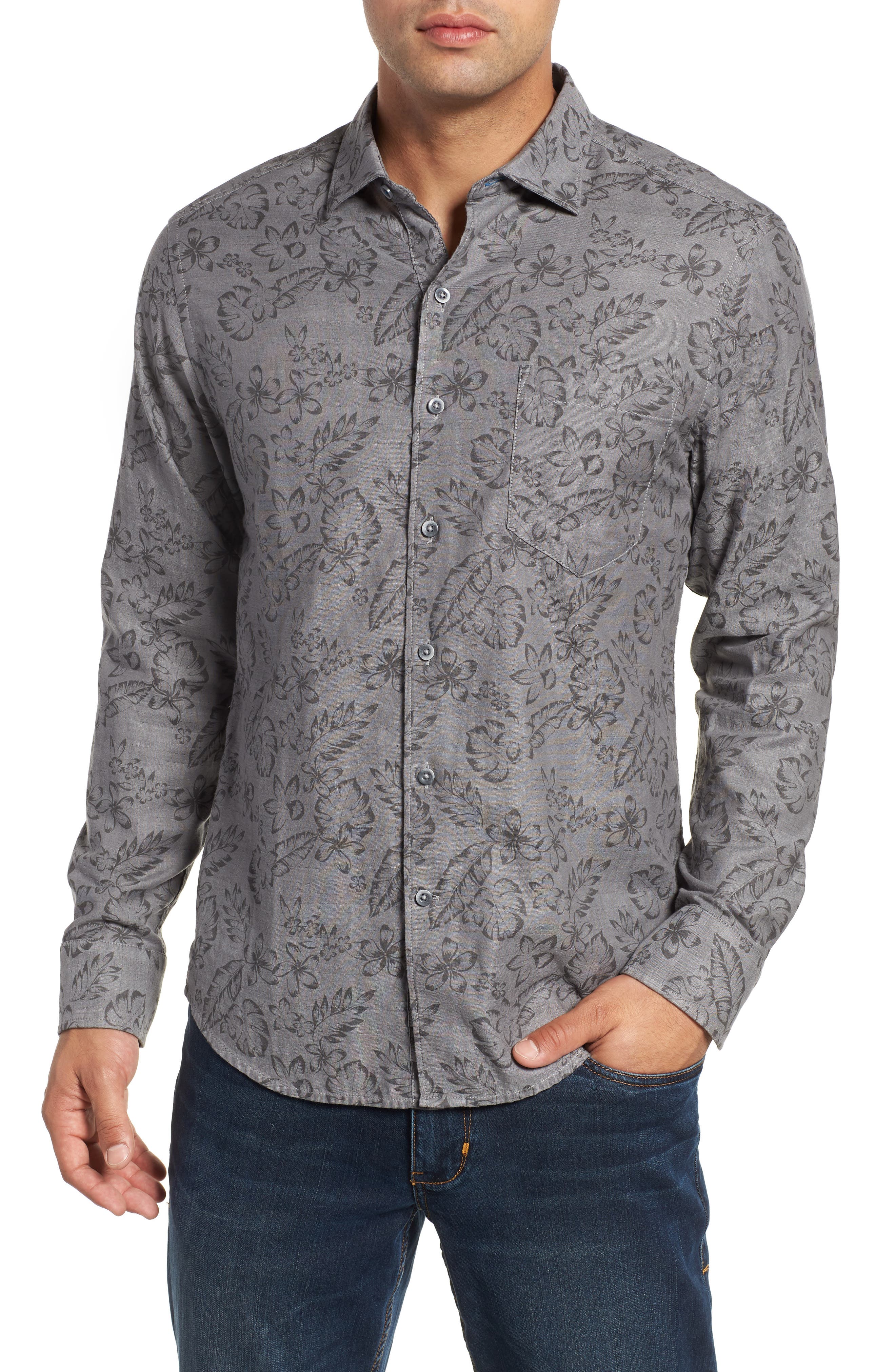 UPC 719260493704 product image for Men's Tommy Bahama Check Back Regular Fit Tropical Shirt, Size Large - Grey | upcitemdb.com