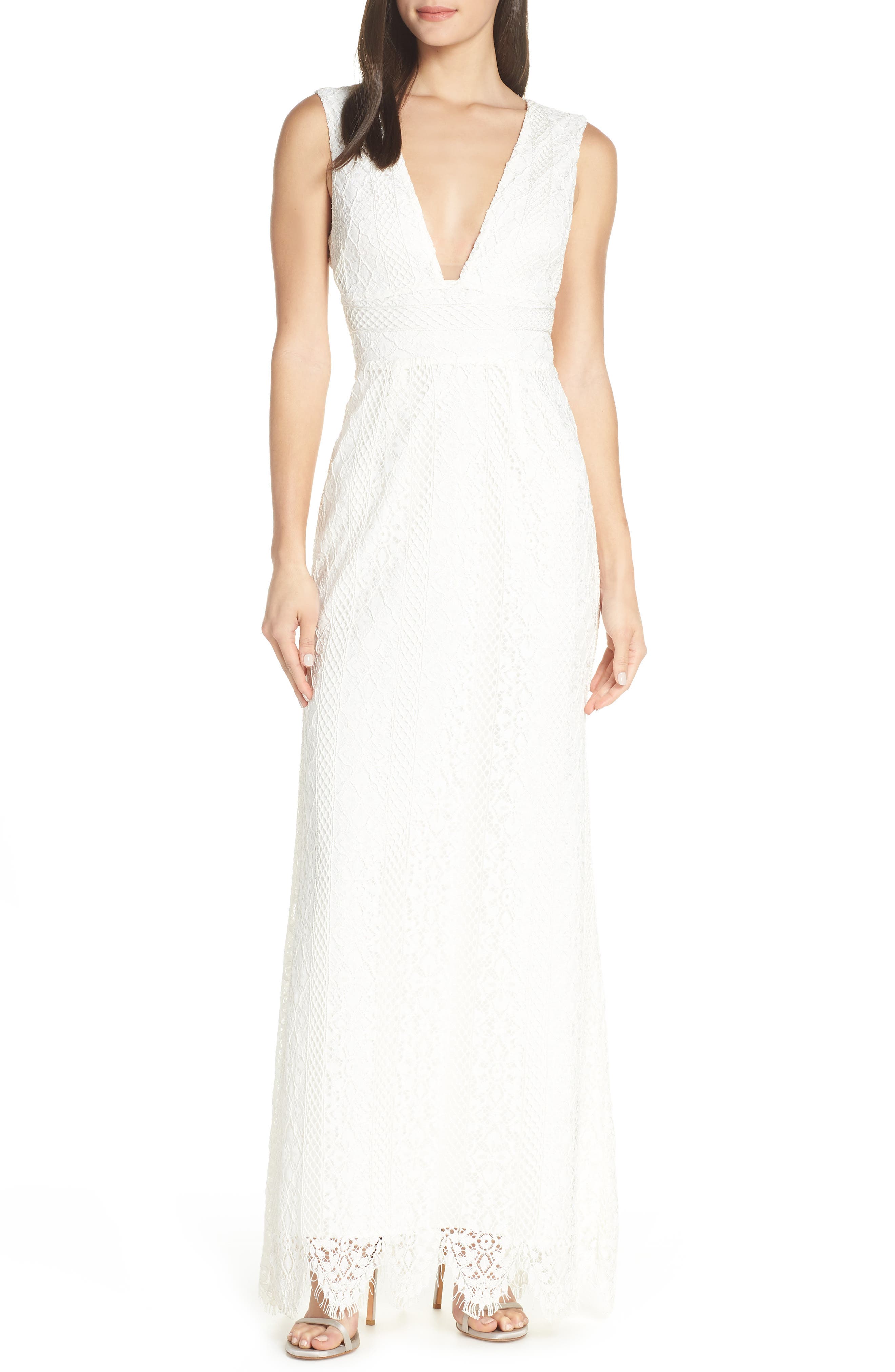 Foxiedox Charlie Plunge Lace Evening Dress, Ivory