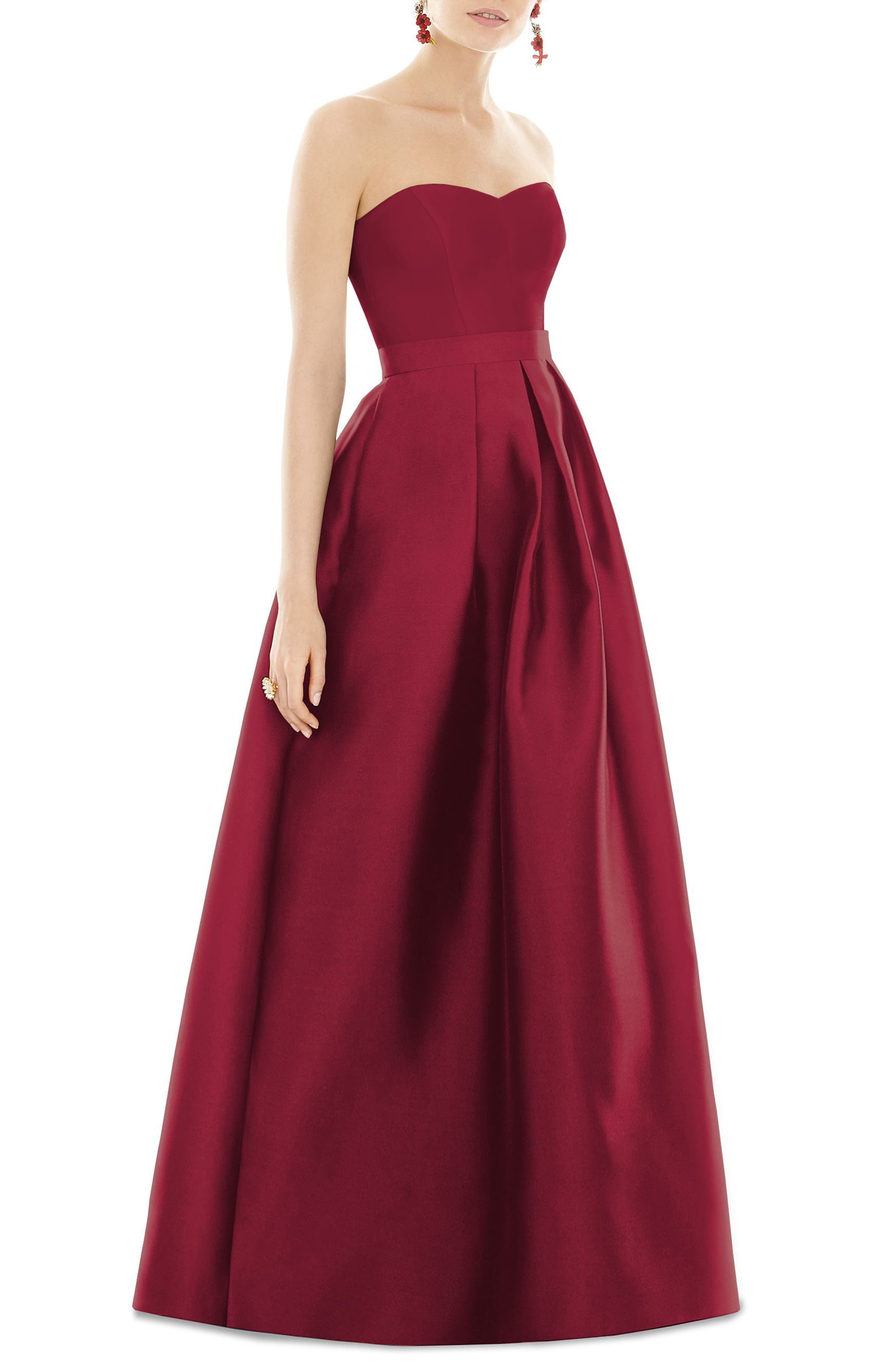 Alfred Sung Strapless Sateen Gown, Burgundy
