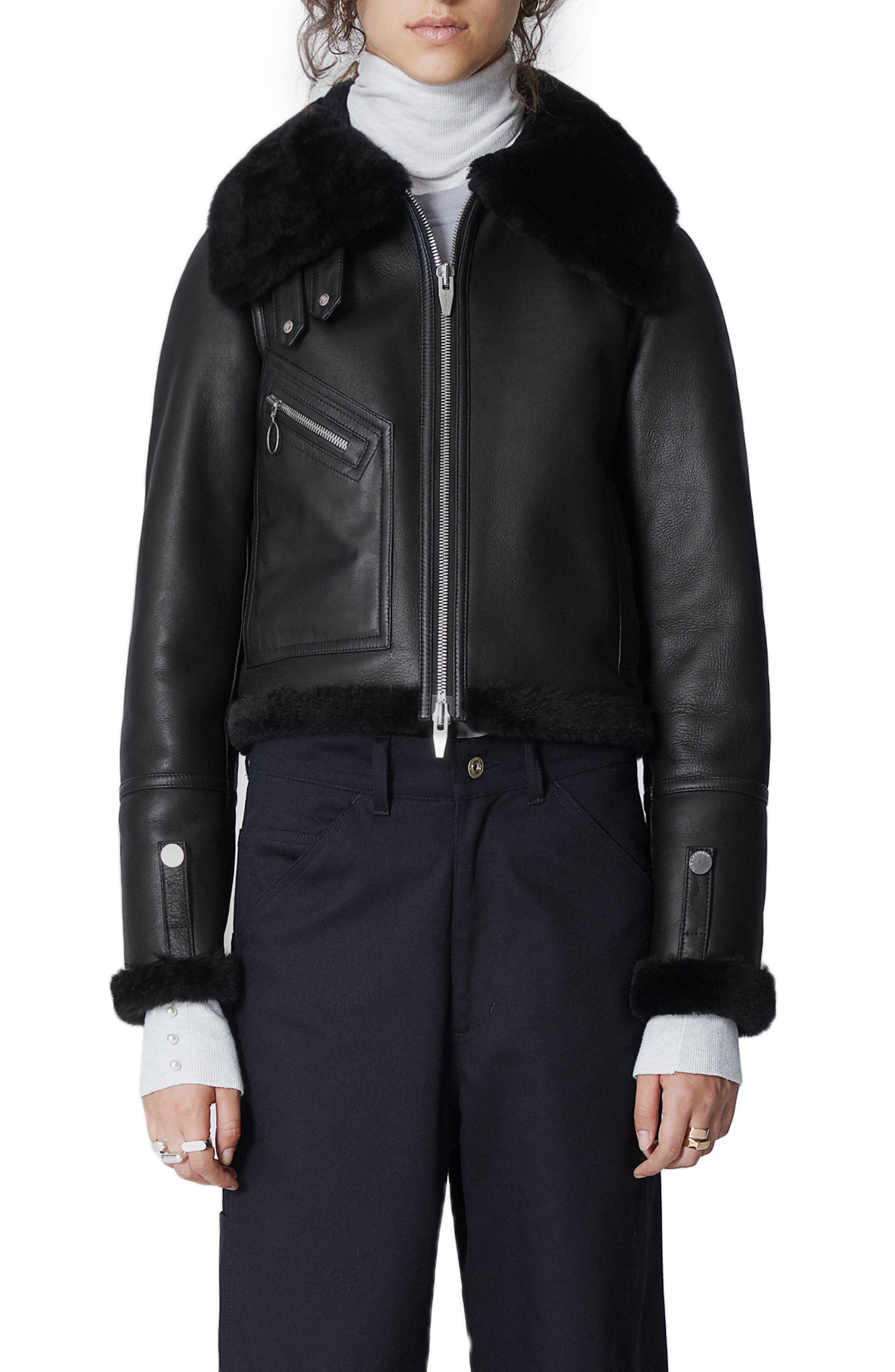 The Arrivals Moya Mini Leather & Genuine Shearling Jacket, Black