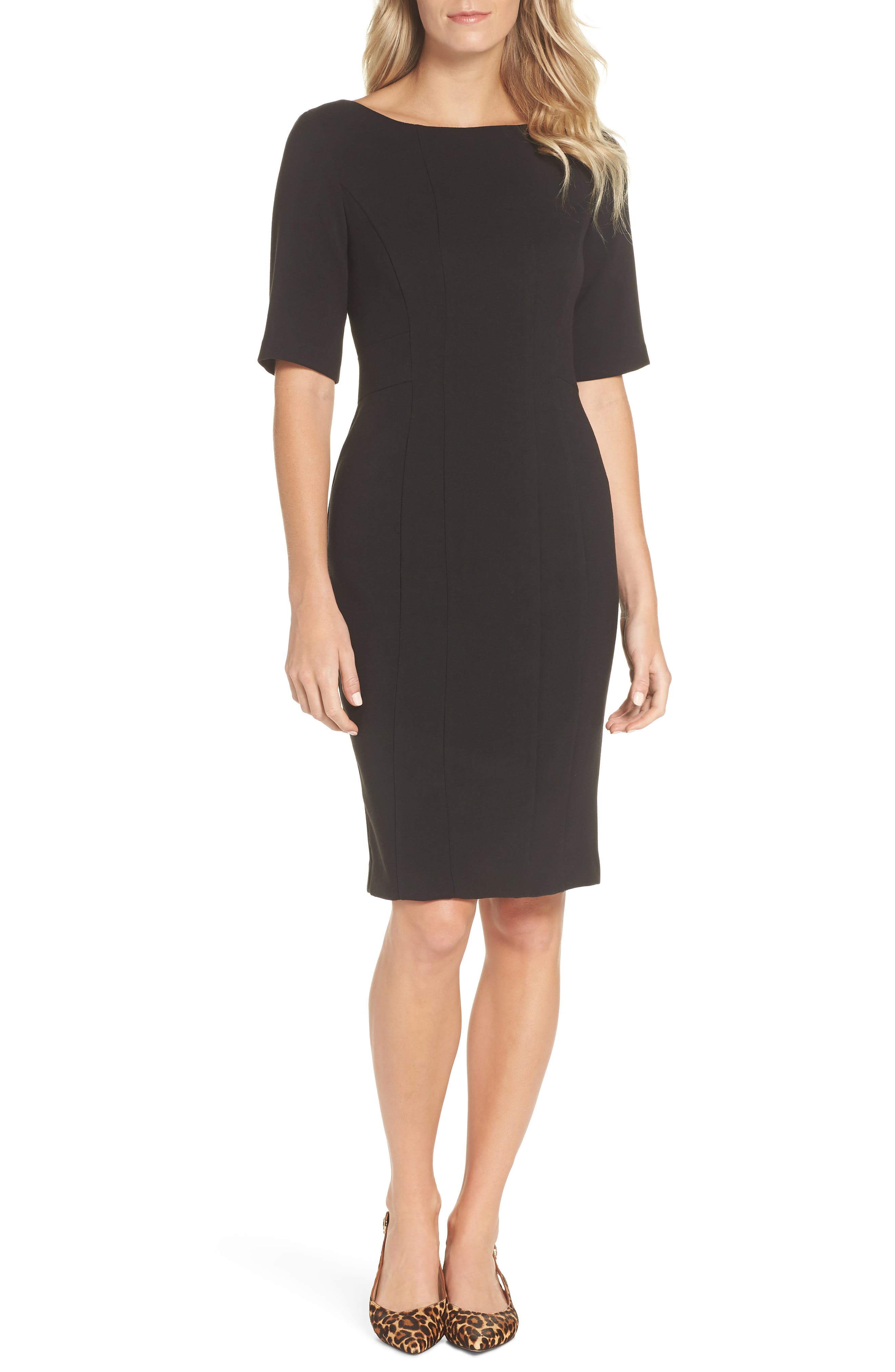 Eliza J Bateau Neck Crepe Sheath Dress, Black