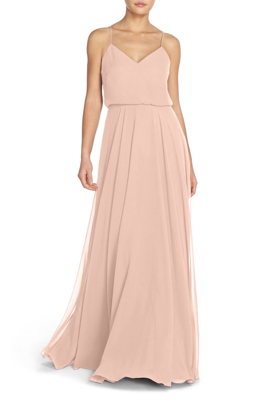 Jenny Yoo Inesse Chiffon V-Neck Spaghetti Strap Gown, Pink