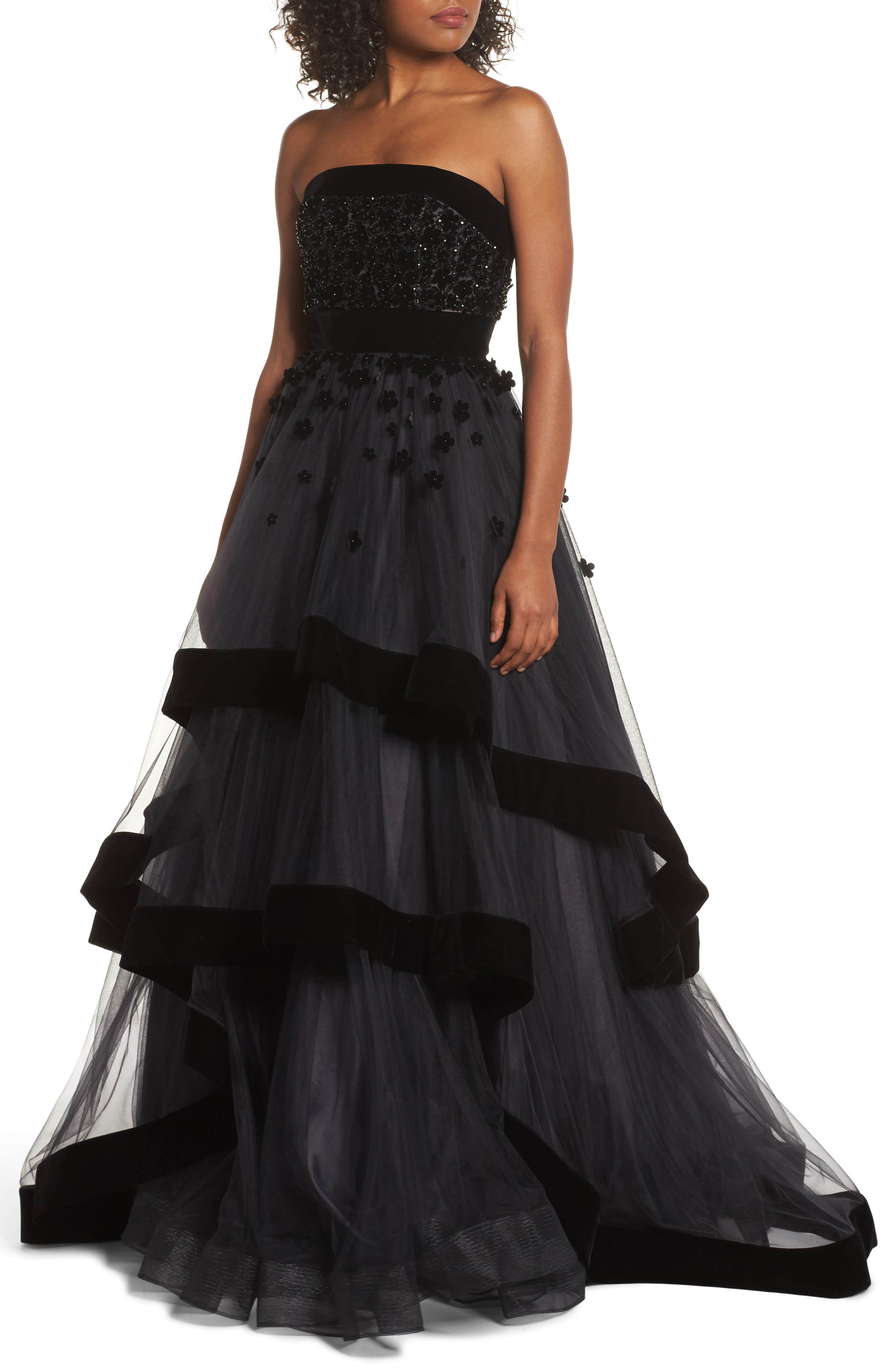MAC Duggal Velvet Trim Strapless Ballgown, Black