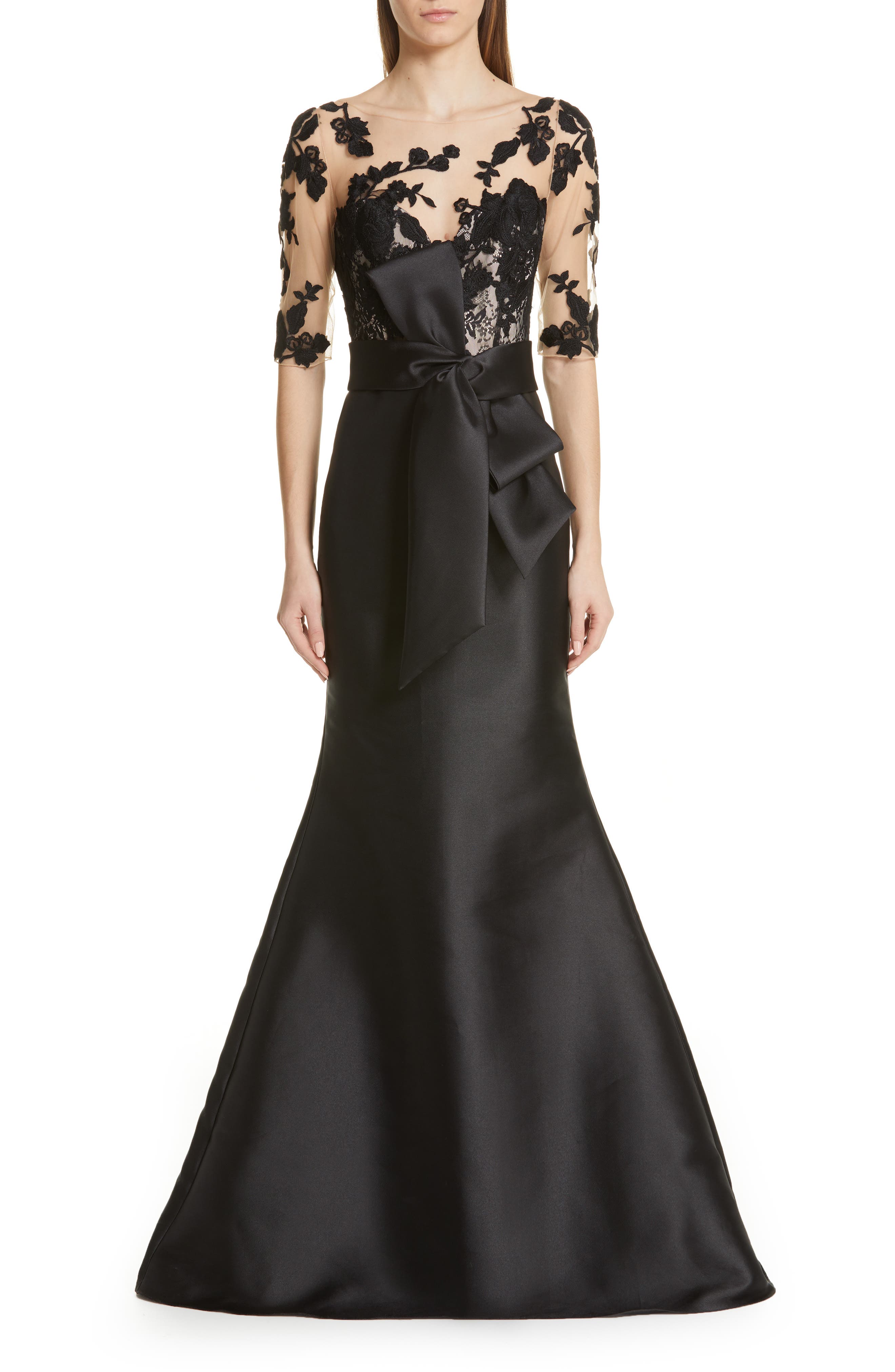 Badgley Mischka Lace Accent Bow Evening Dress
