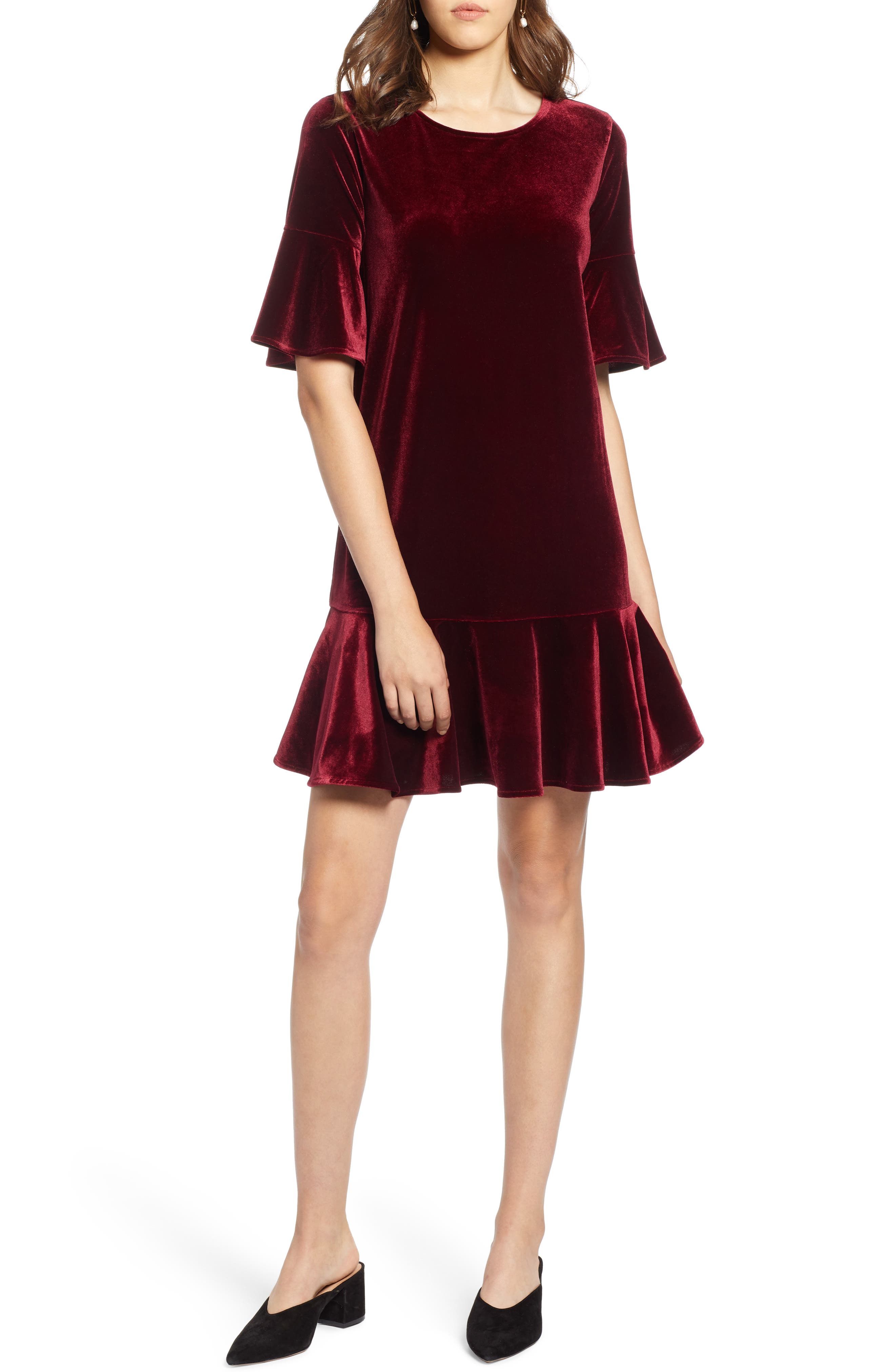 Petite Halogen Ruffle Trim Velvet Dress, Burgundy