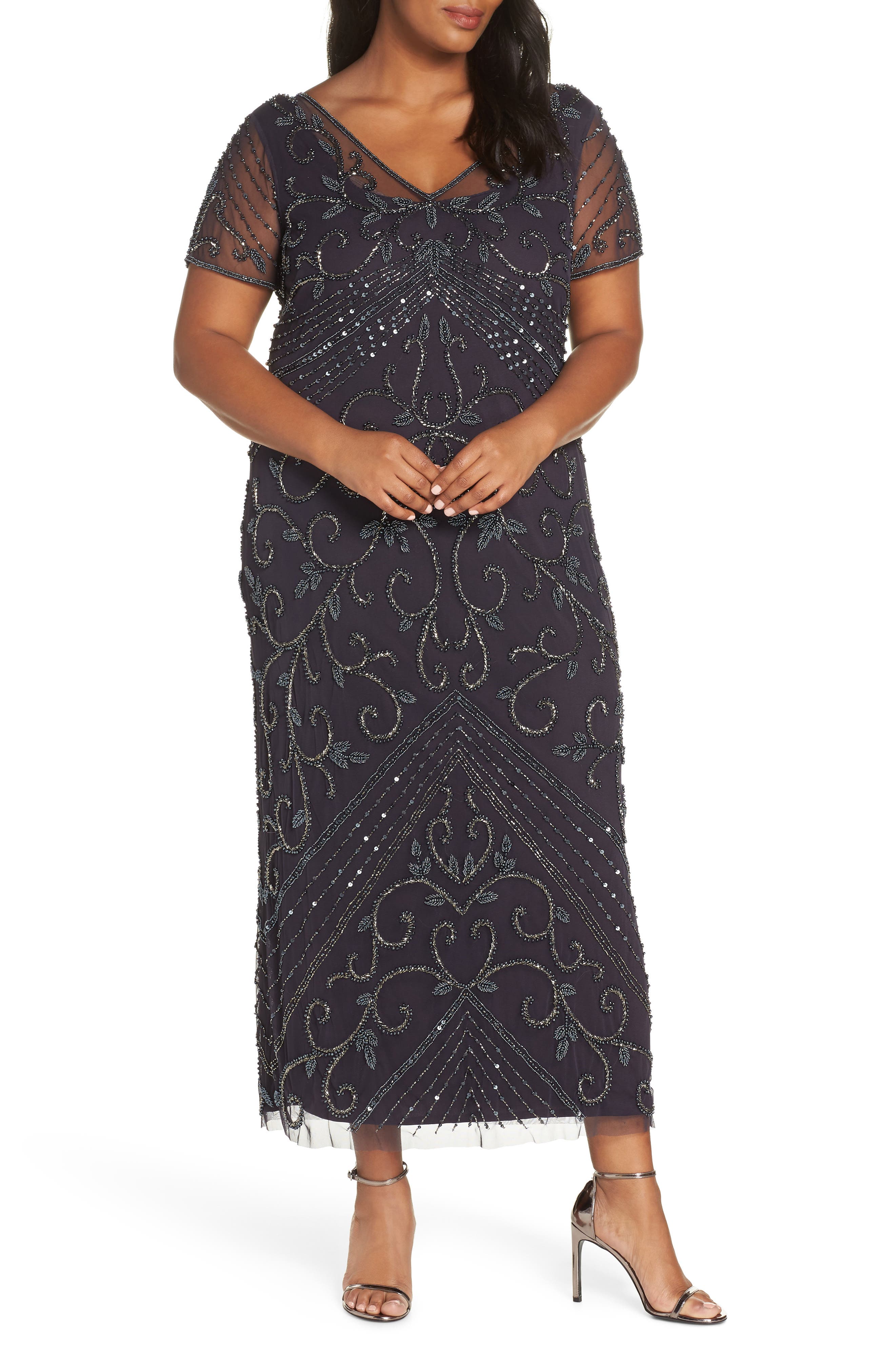 Plus Size Pisarro Nights Beaded Mesh Gown