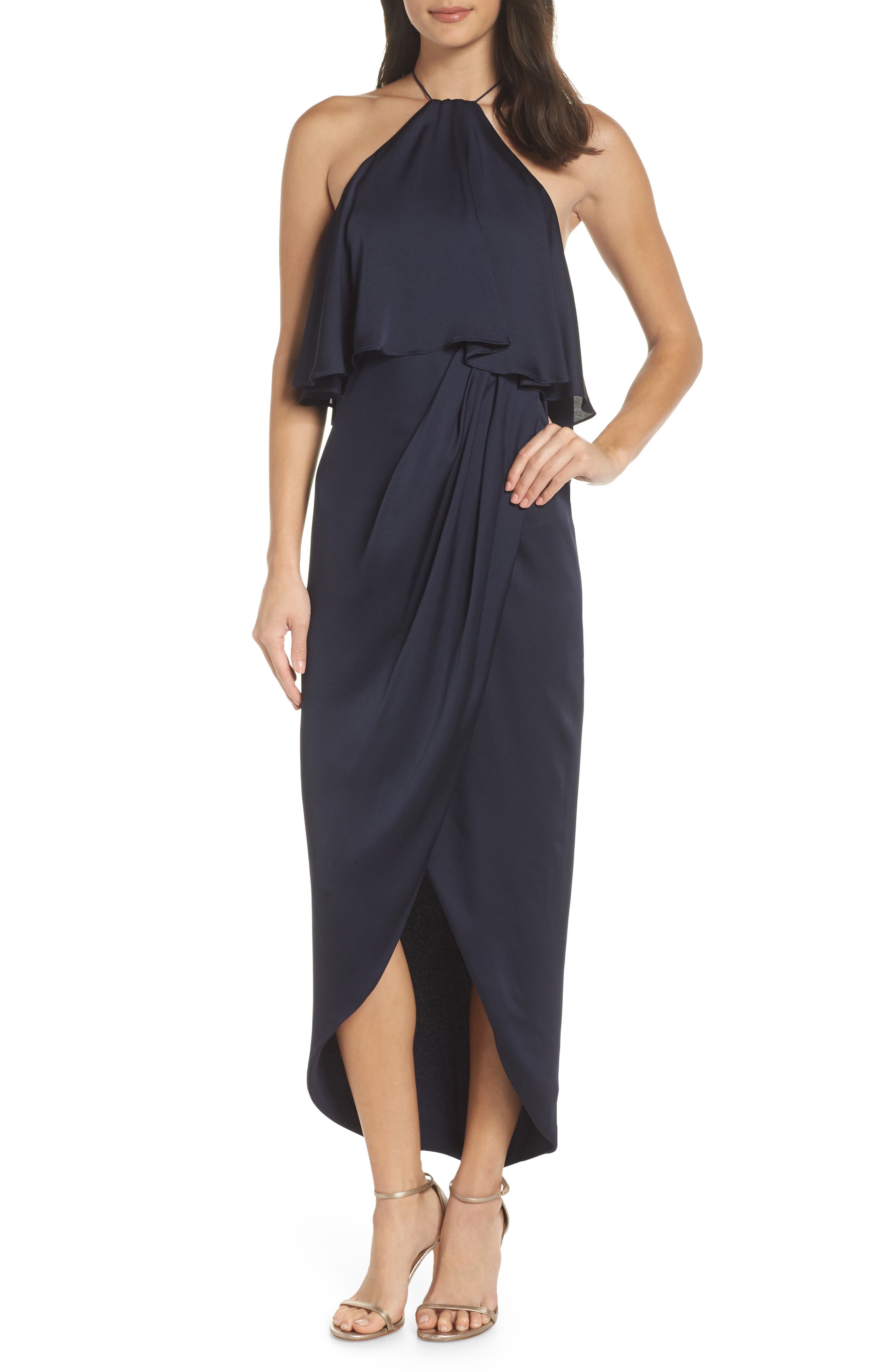 Shona Joy Ruffle Halter Tulip Gown, Blue