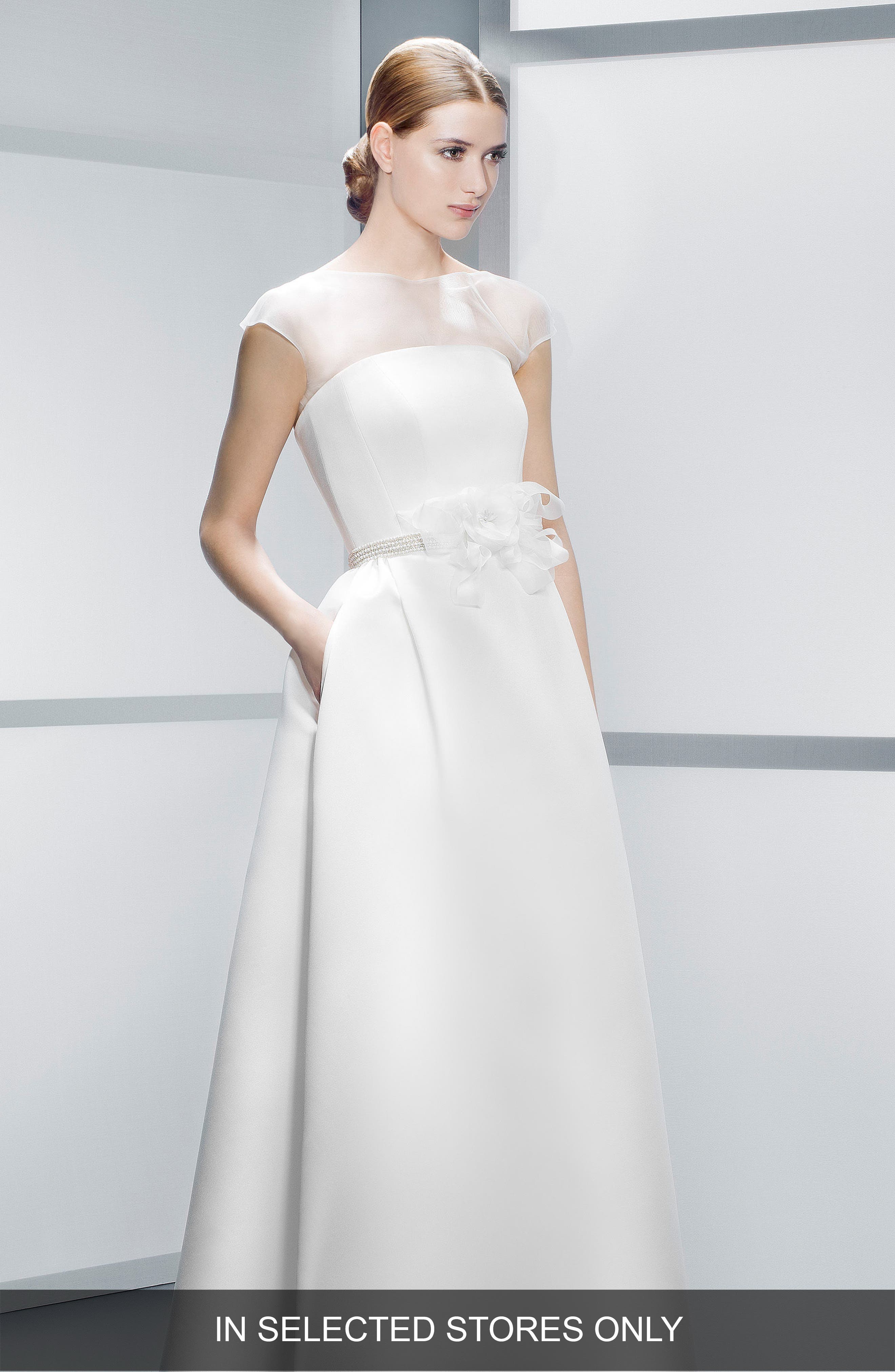 Jesus Peiro Illusion Overlay Bodice Embellished Waist Satin Dress, Size - Ivory