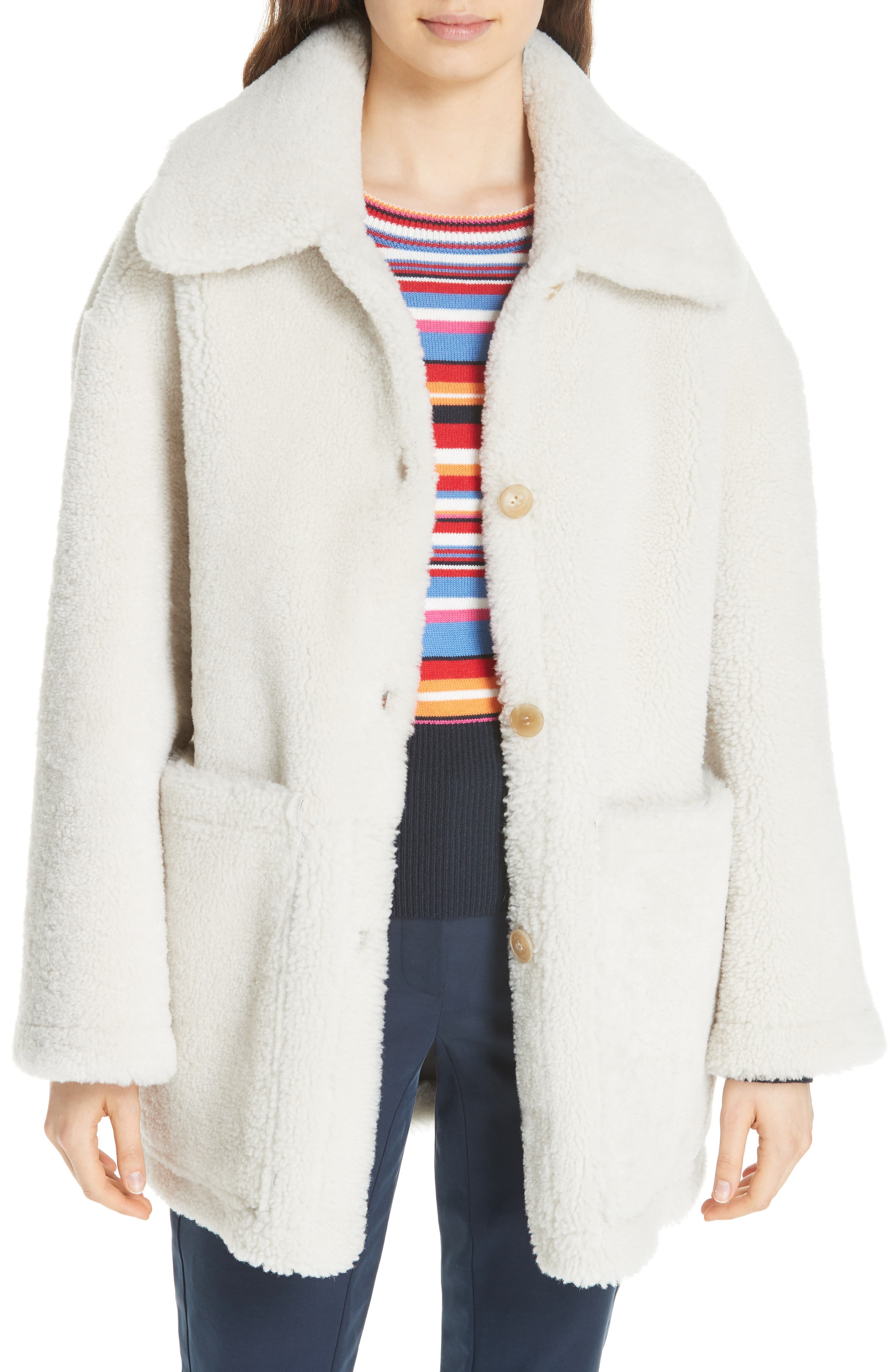 Tory Burch Oliver Genuine Shearling Coat, Ivory