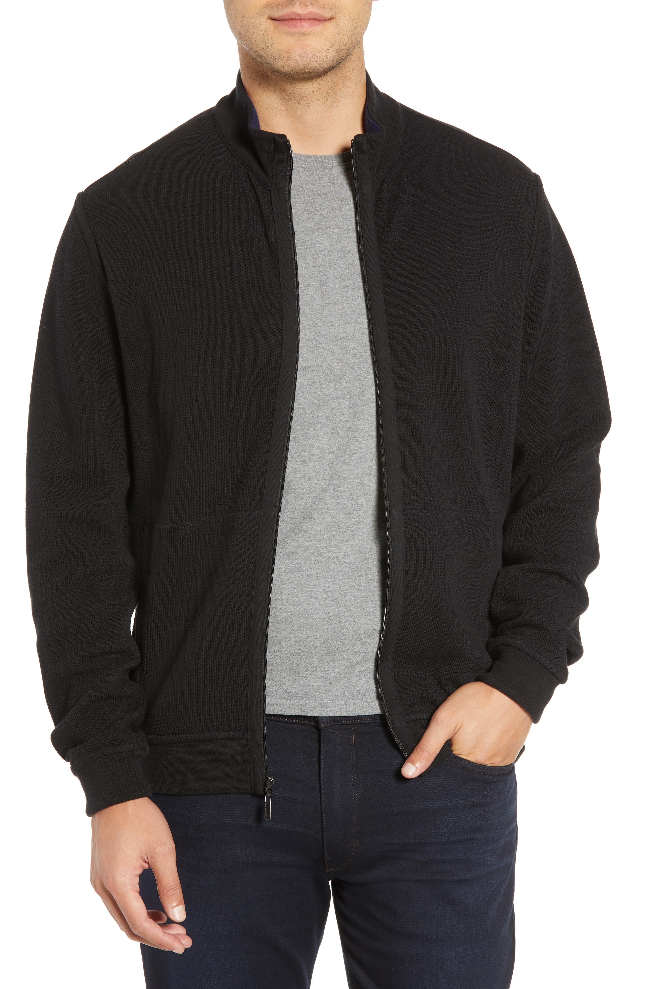 Bugatchi Reversible Knit Zip Cardigan, Black