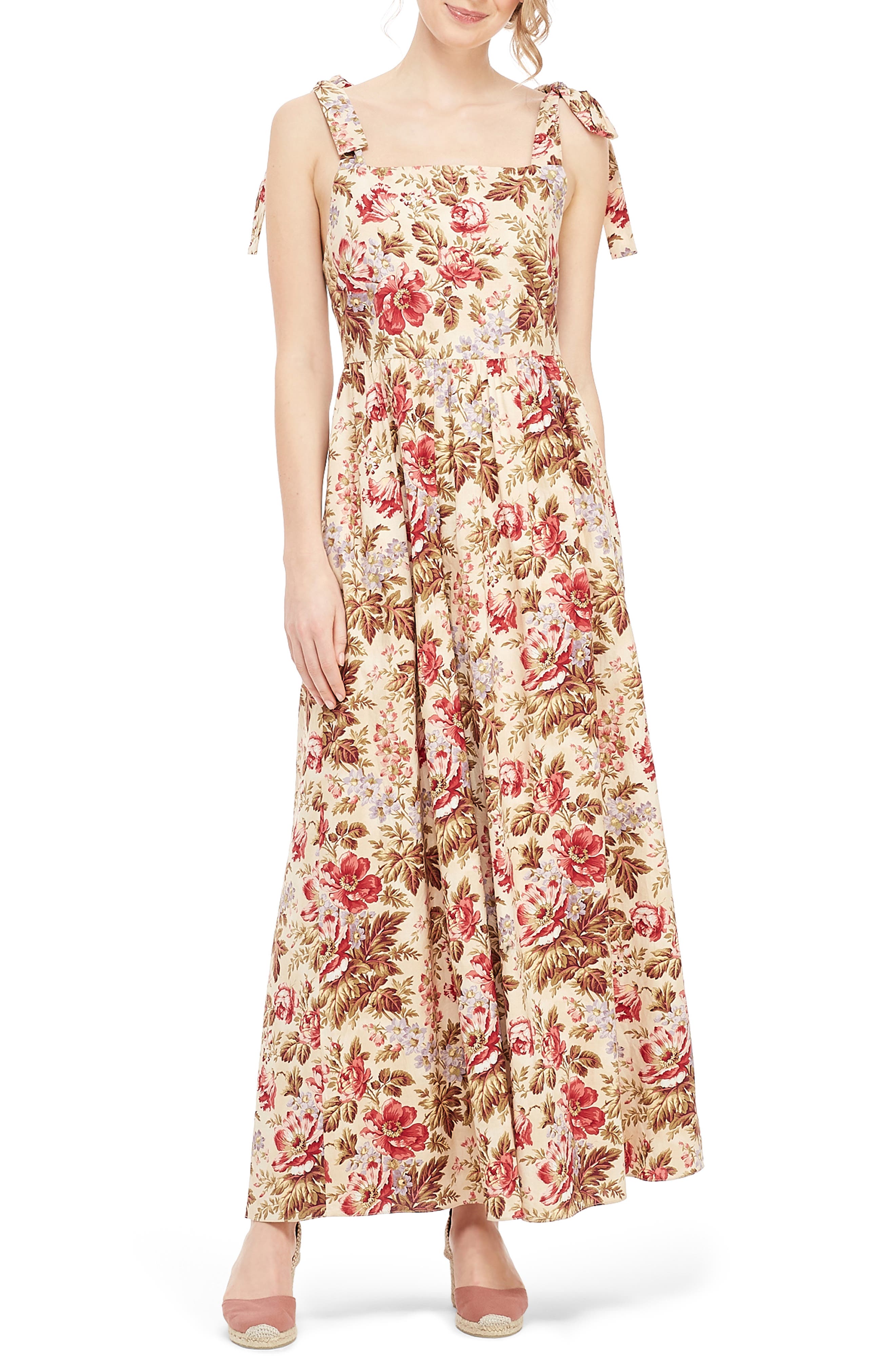 Gal Meets Glam Collection Floral Print Tie Shoulder Cotton Maxi Dress, Beige