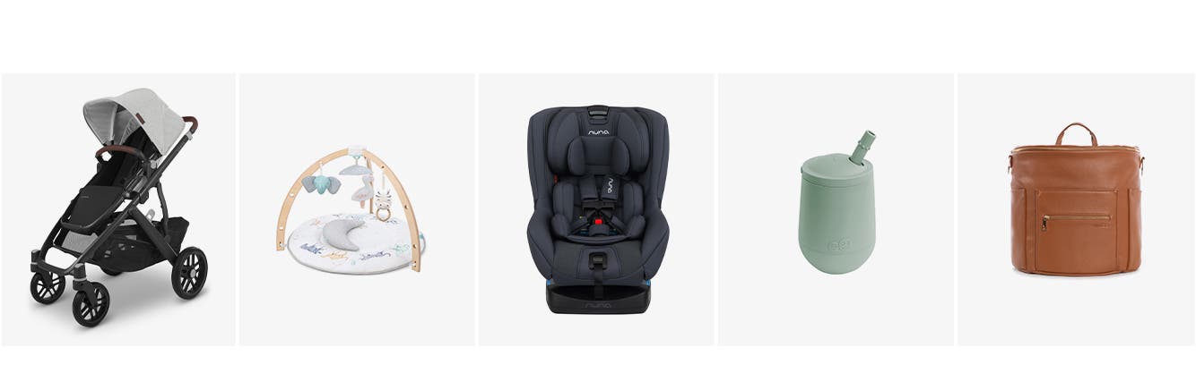 UPPAbaby stroller, baby activity gym, Nuna car seat, silicone cup and straw, faux leather diaper bag.