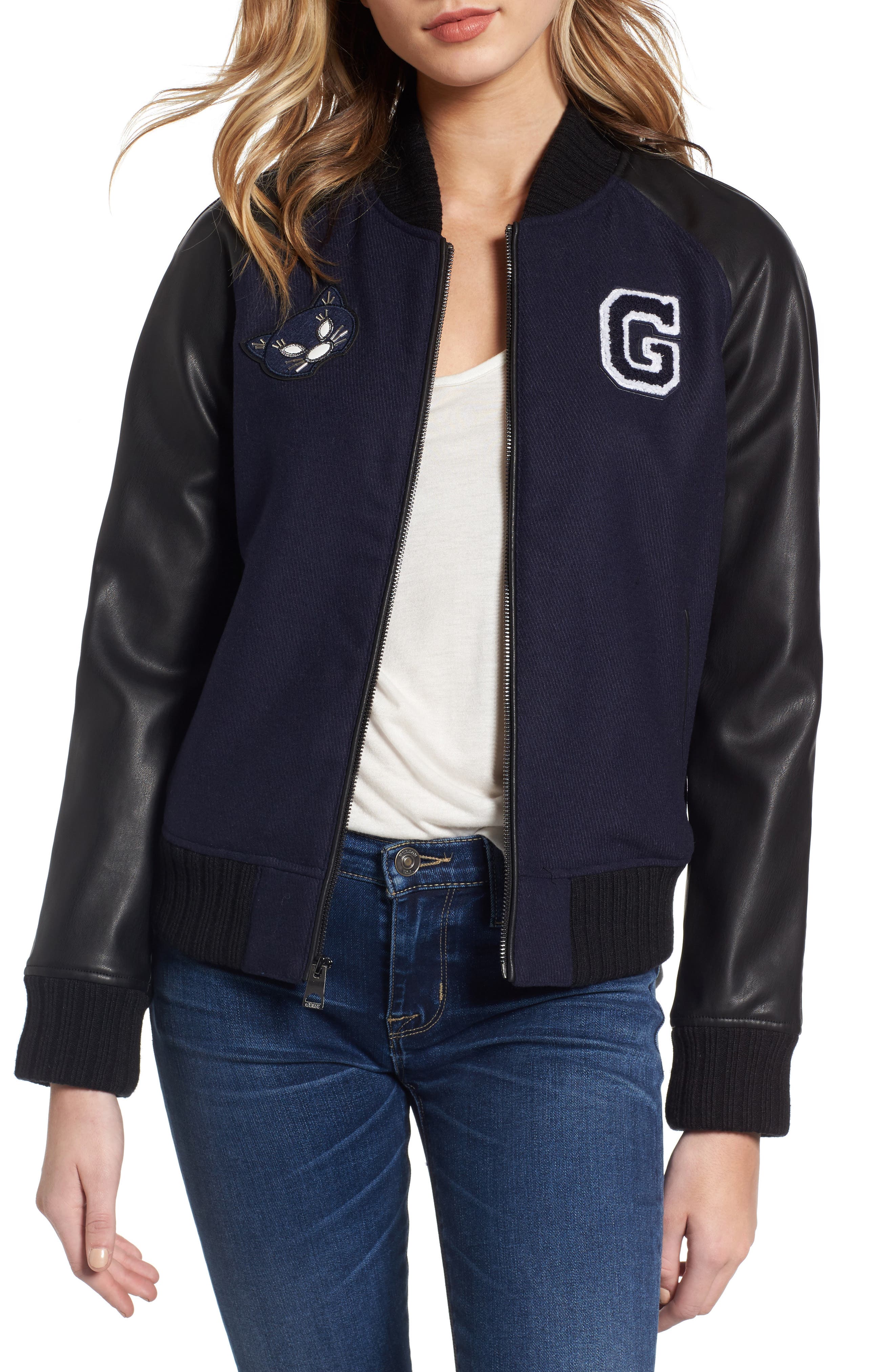GUESS Patch Detail Mixed Media Bomber Jacket Nordstrom