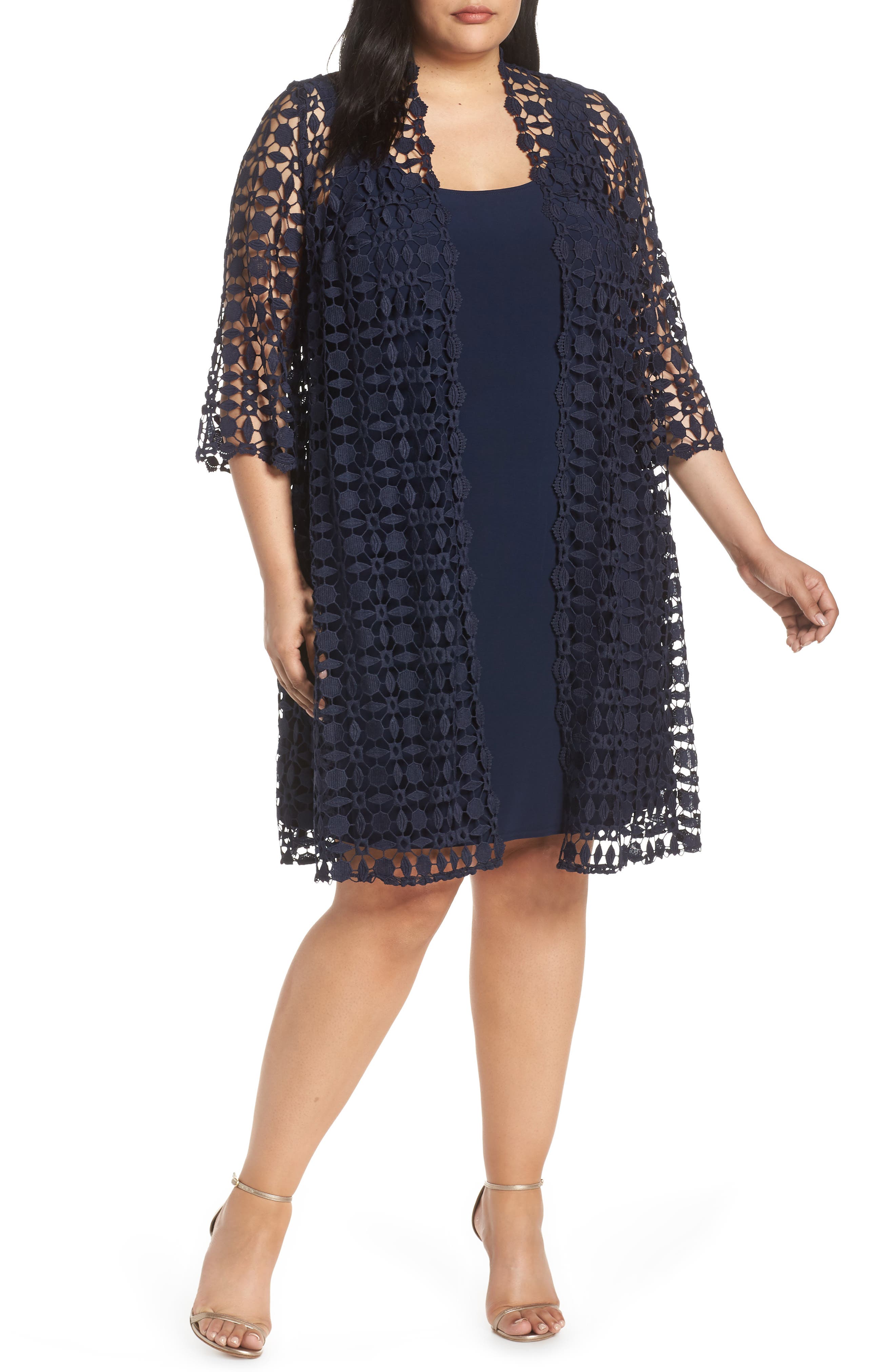 Plus Size Alex Evening Shift Dress With Lace Jacket, Blue