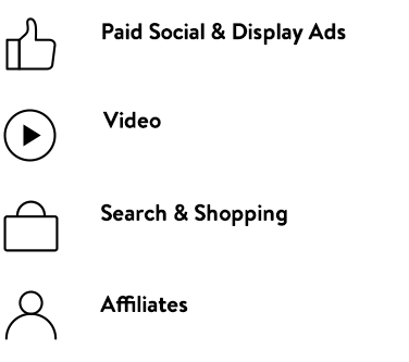 Paid Social & Display Ads, Video, Search & Shopping, Affiliates