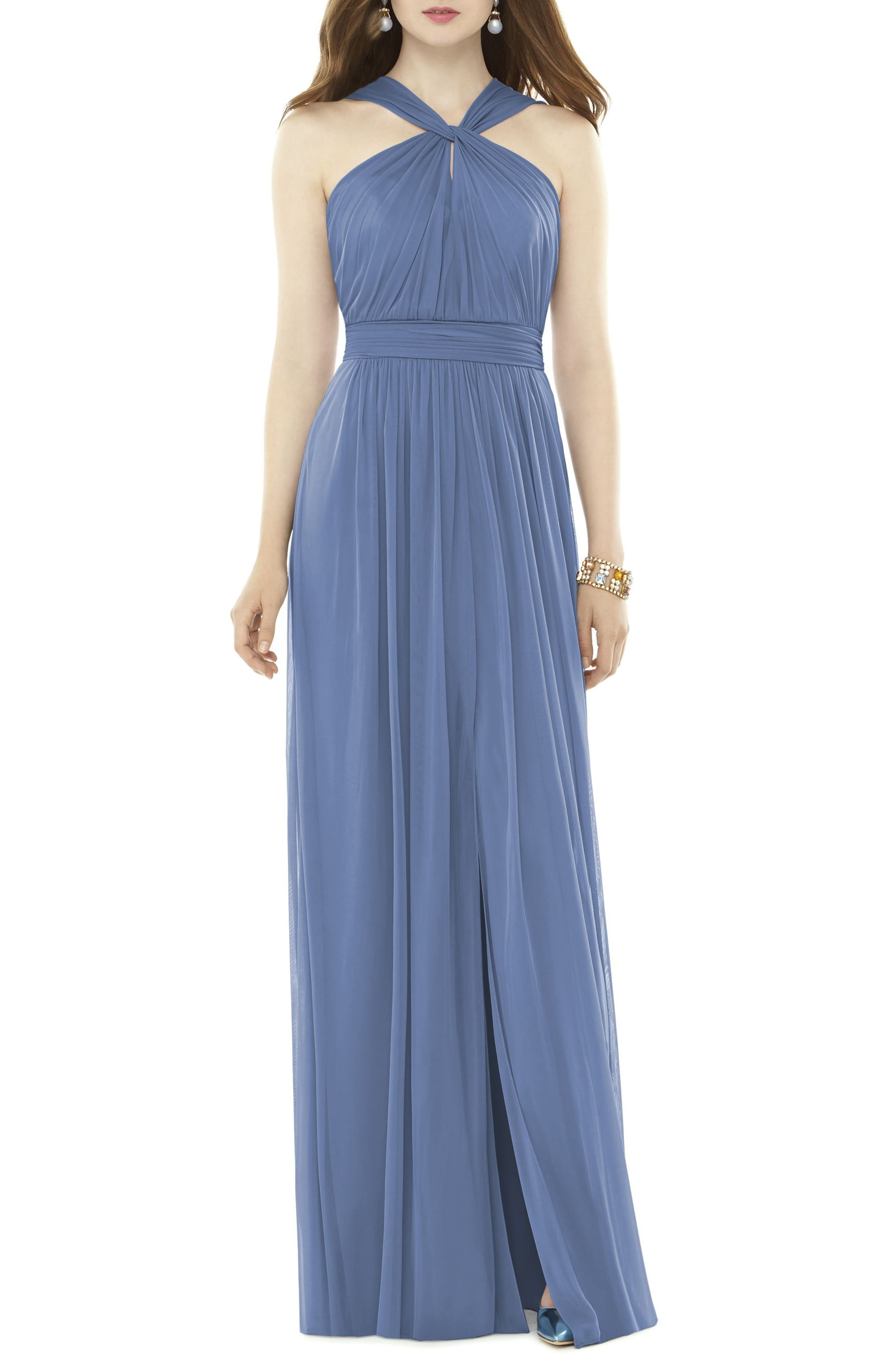 Alfred Sung Twist Neck Chiffon Knit Gown, Blue