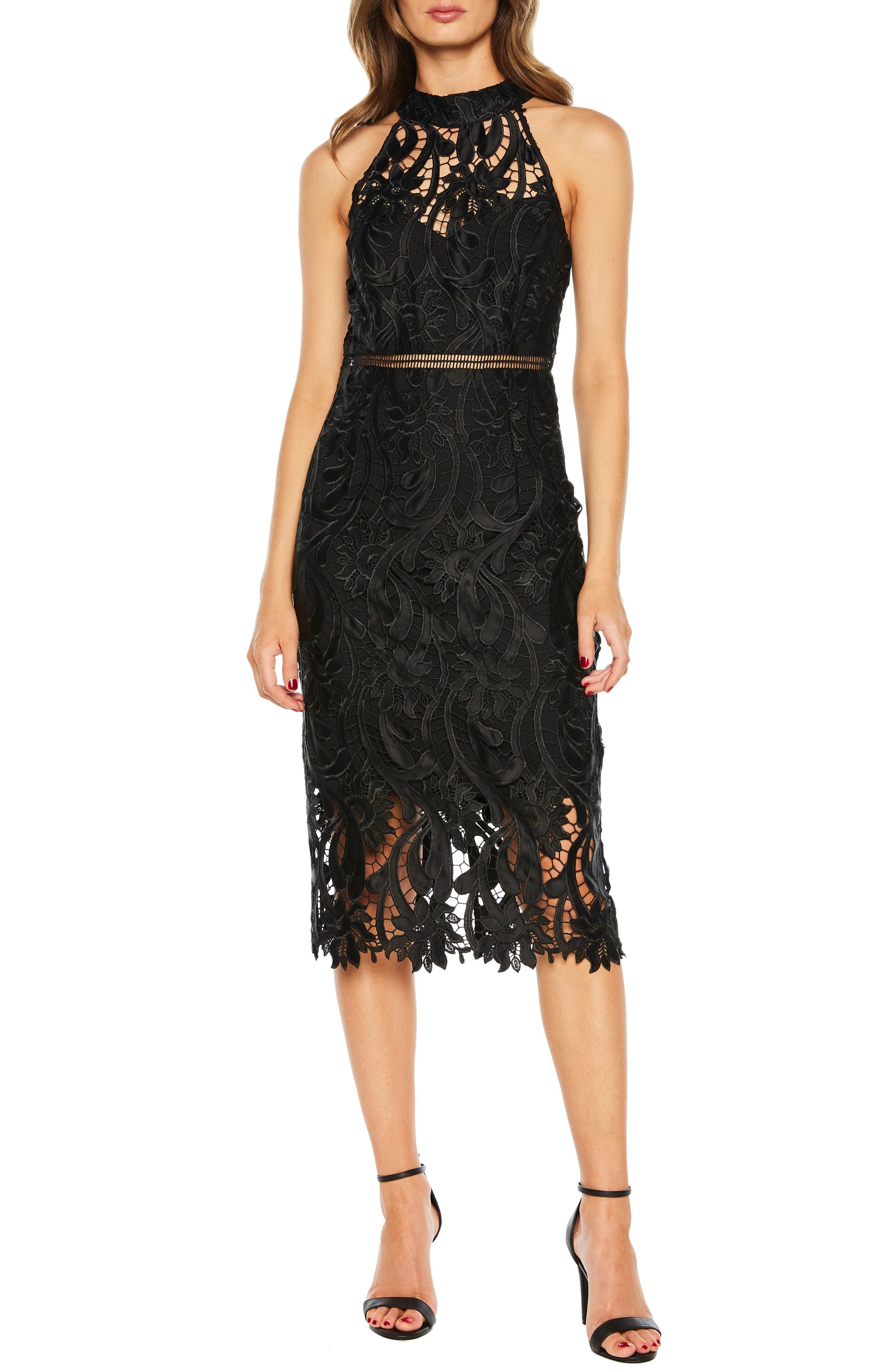 Bardot Isa Lace Halter Dress, Black